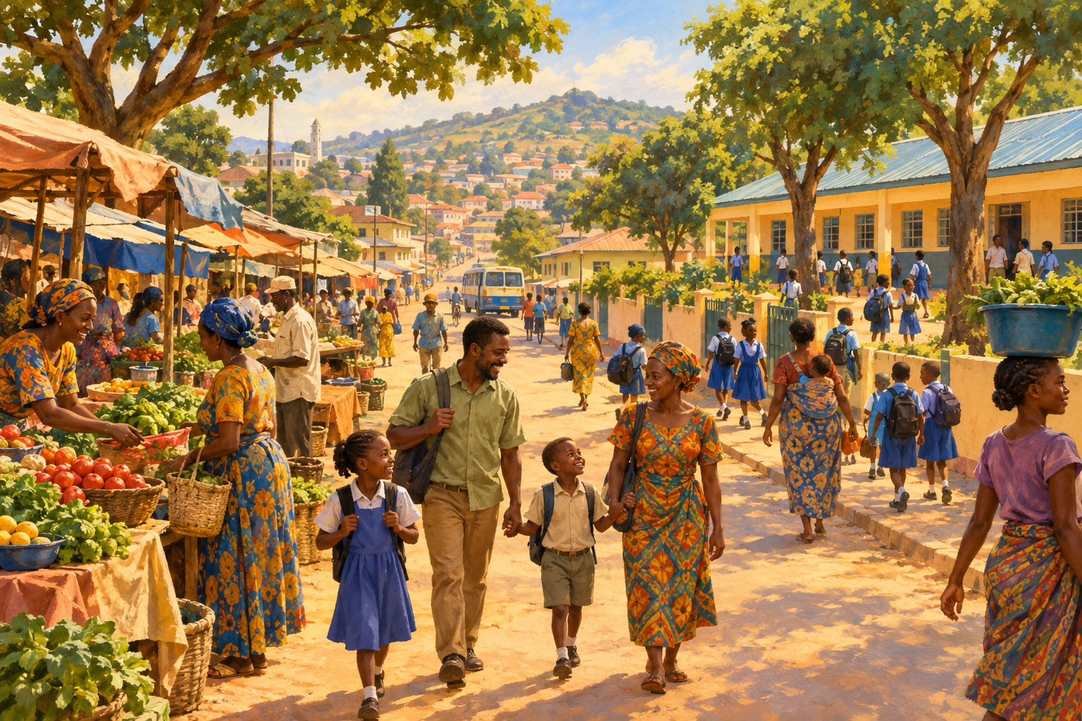Families walk through a lively African town with a school and market in the background.