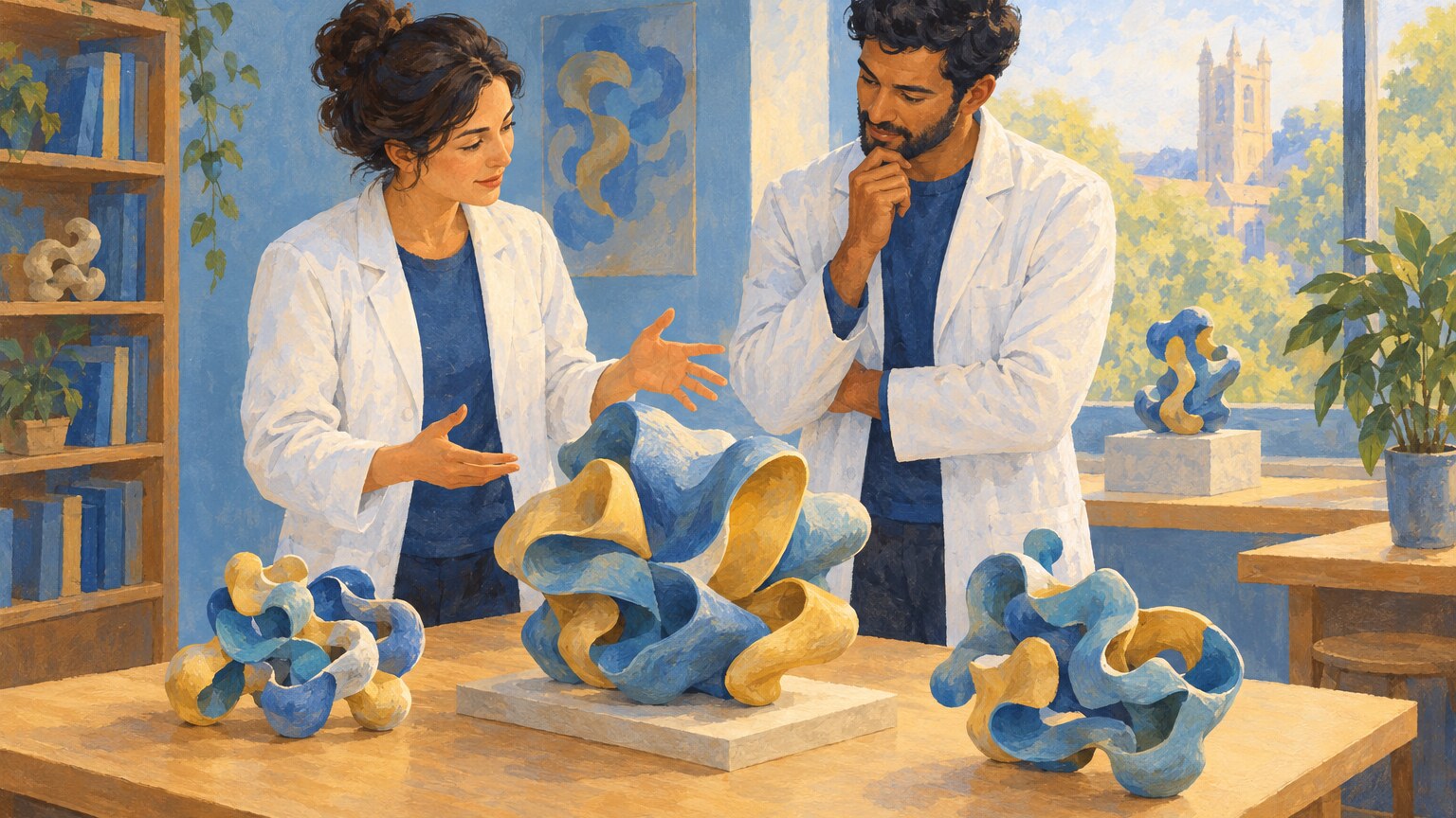 Conceptual illustration of researchers discussing abstract shapes representing proteins.