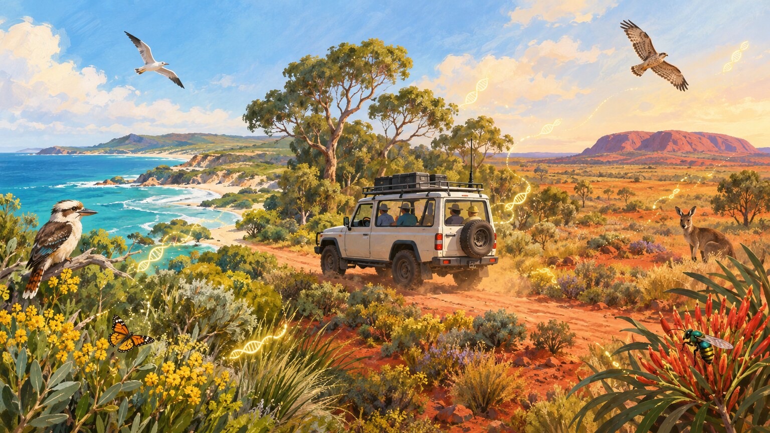 Ein Forschungsfahrzeug f&auml;hrt durch Landschaften in Westaustralien, w&auml;hrend Forschende Luftproben sammeln.