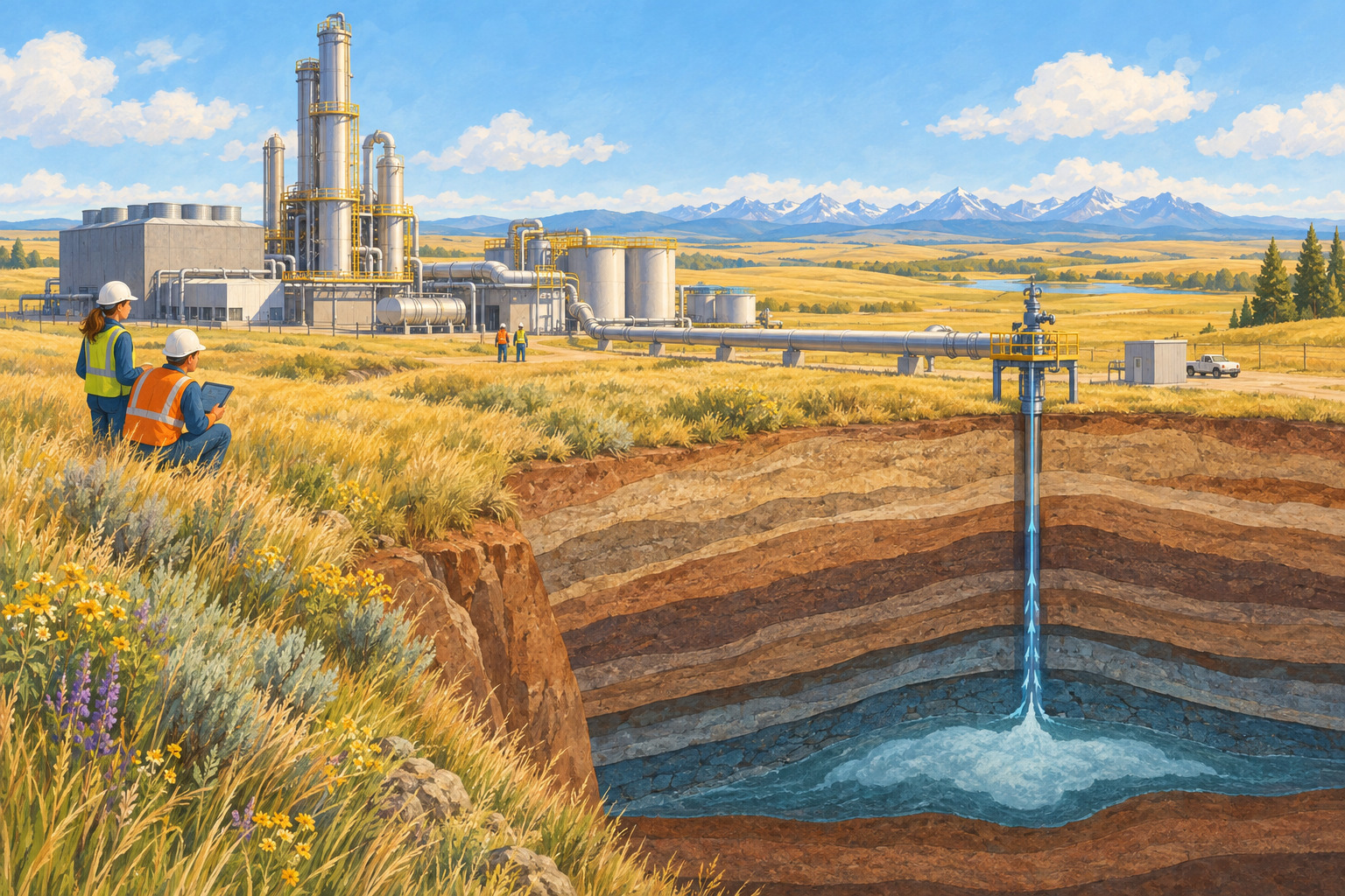 A carbon storage facility stands beside Alberta prairie grasslands with underground storage shown in a gentle cutaway.