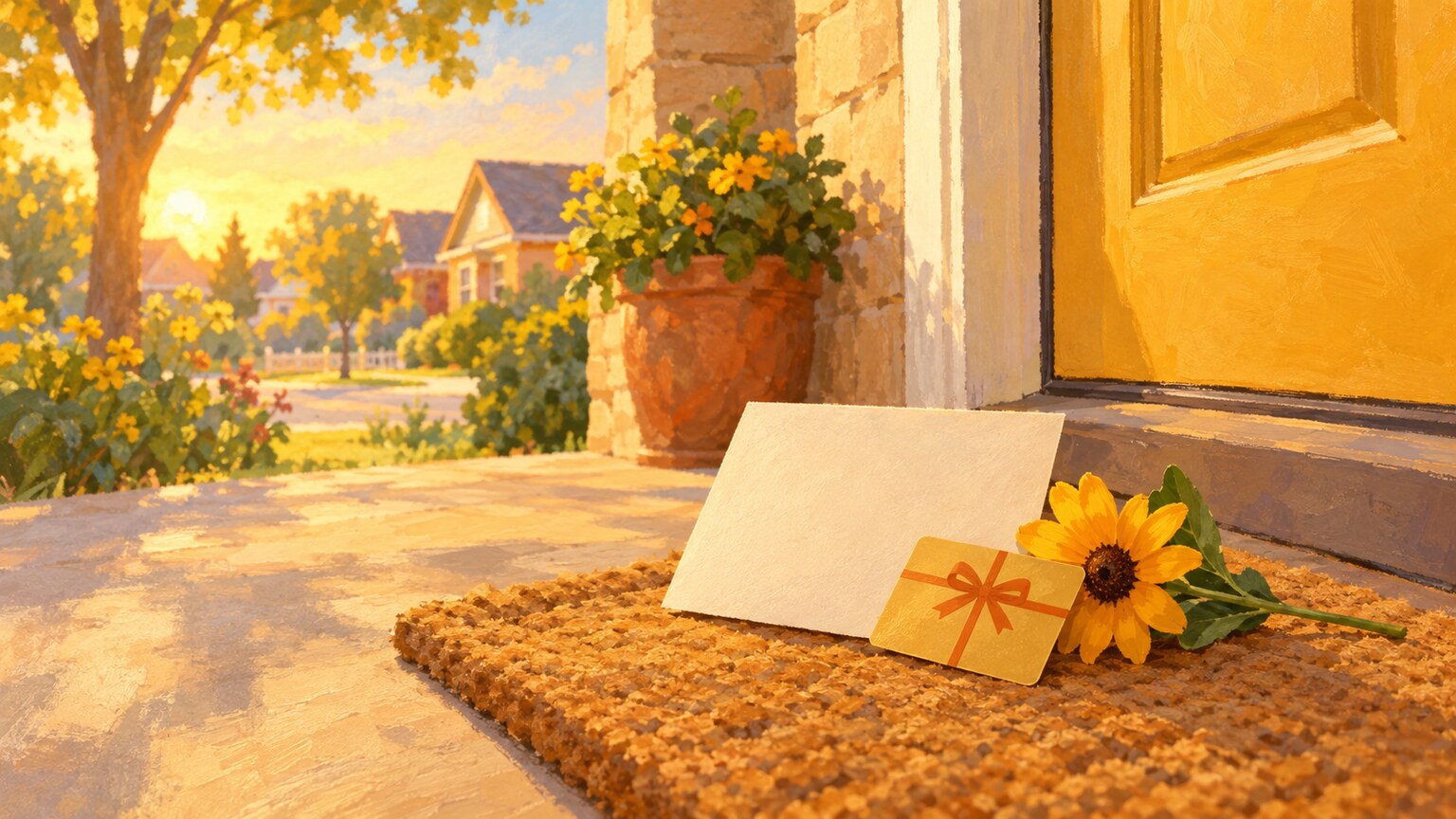Ein leerer Brief und eine Geschenkkarte liegen neben einer Blume auf einer sonnigen T&uuml;rschwelle.