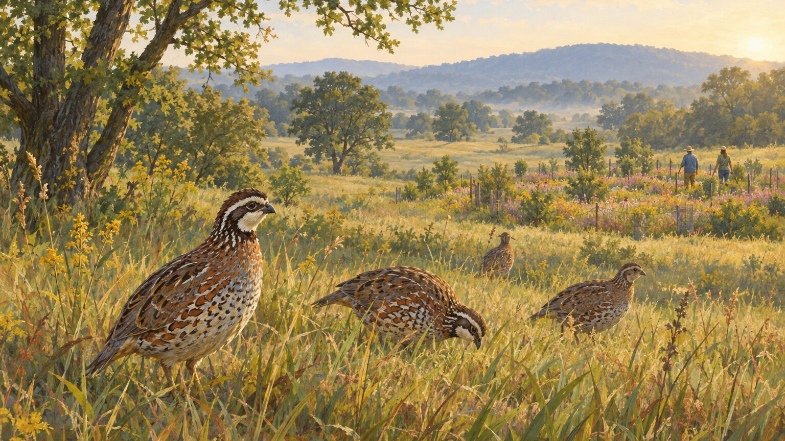 Wilde Virginiawachteln suchen auf einem offenen Feld mit vereinzelten Bäumen in Tennessee nach Futter.