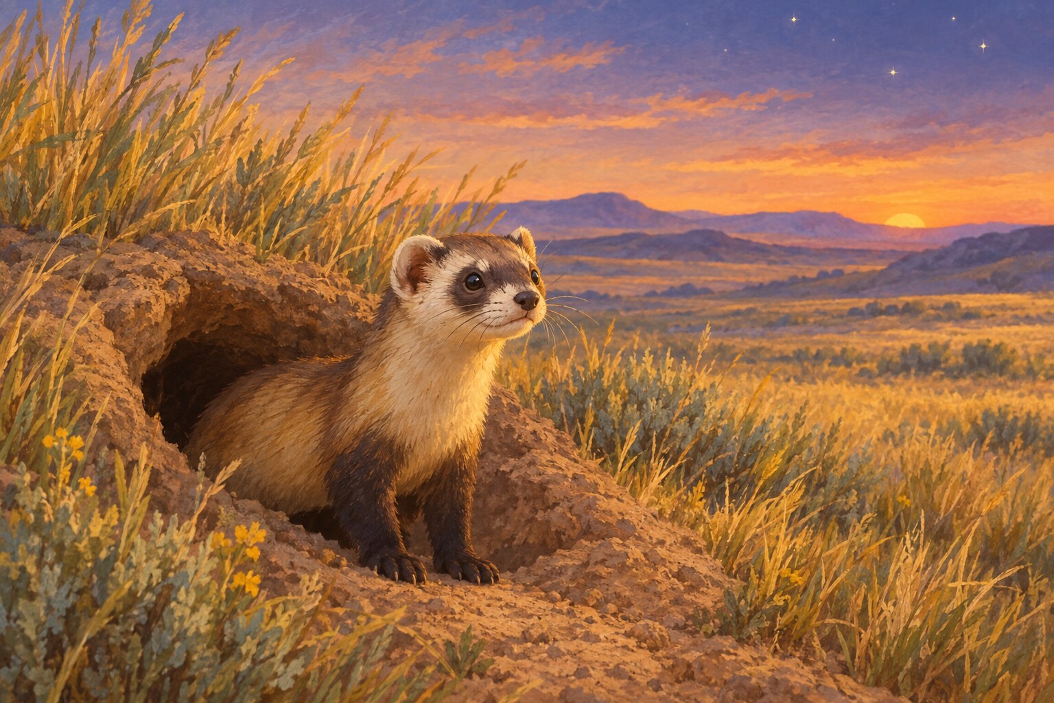 A black-footed ferret looks out from a burrow in a northern Arizona grassland at dusk.