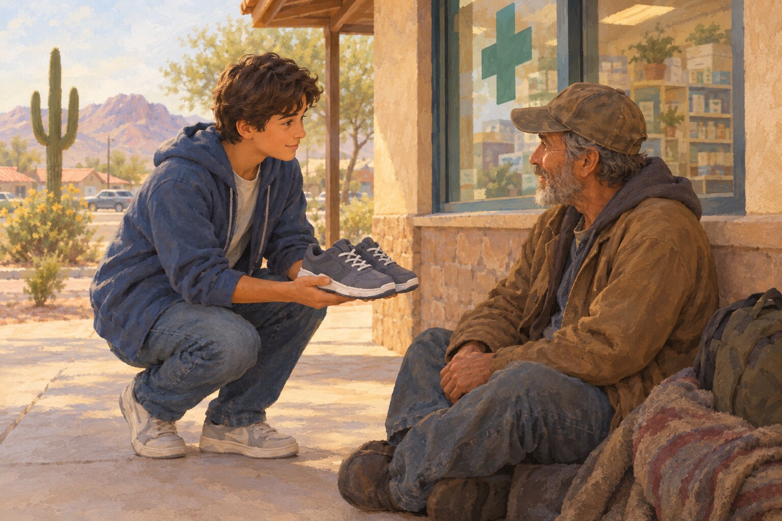 A teenager offers sneakers to an older man outside a neighborhood store.