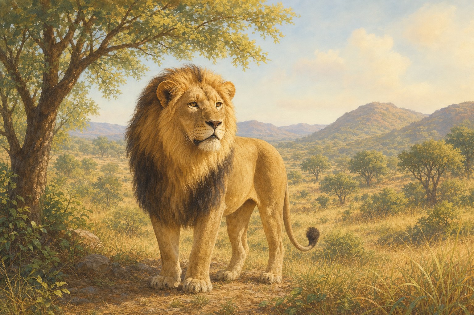 An Asiatic lion stands peacefully in a sunlit Indian grassland