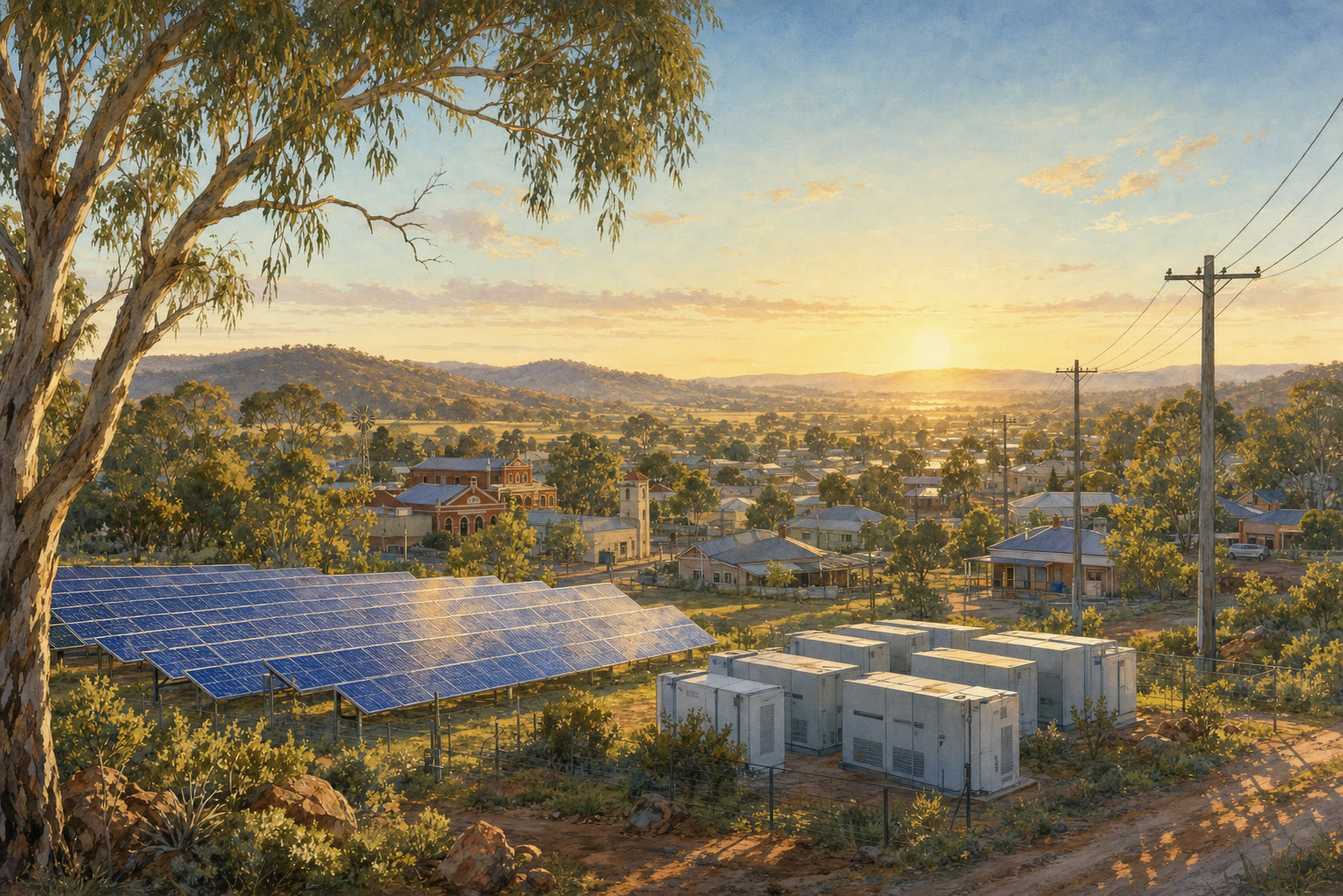 Solar panels and battery storage helping power a small Australian town.