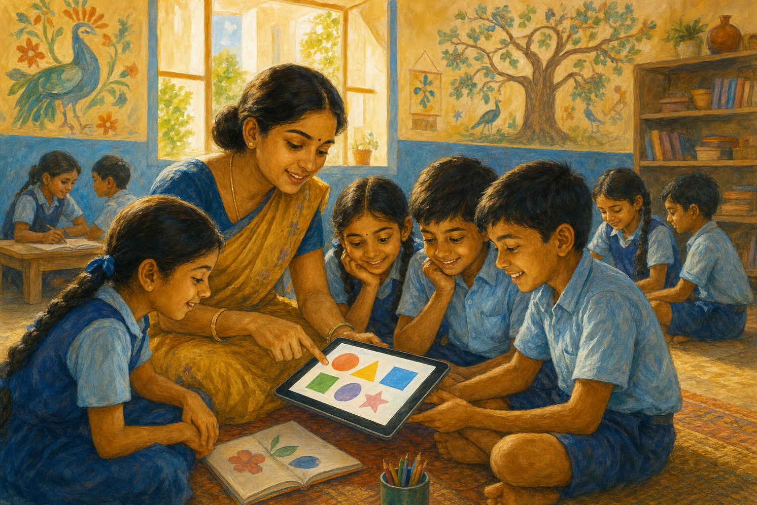 Students learning together in a bright classroom with help from a digital lesson platform.