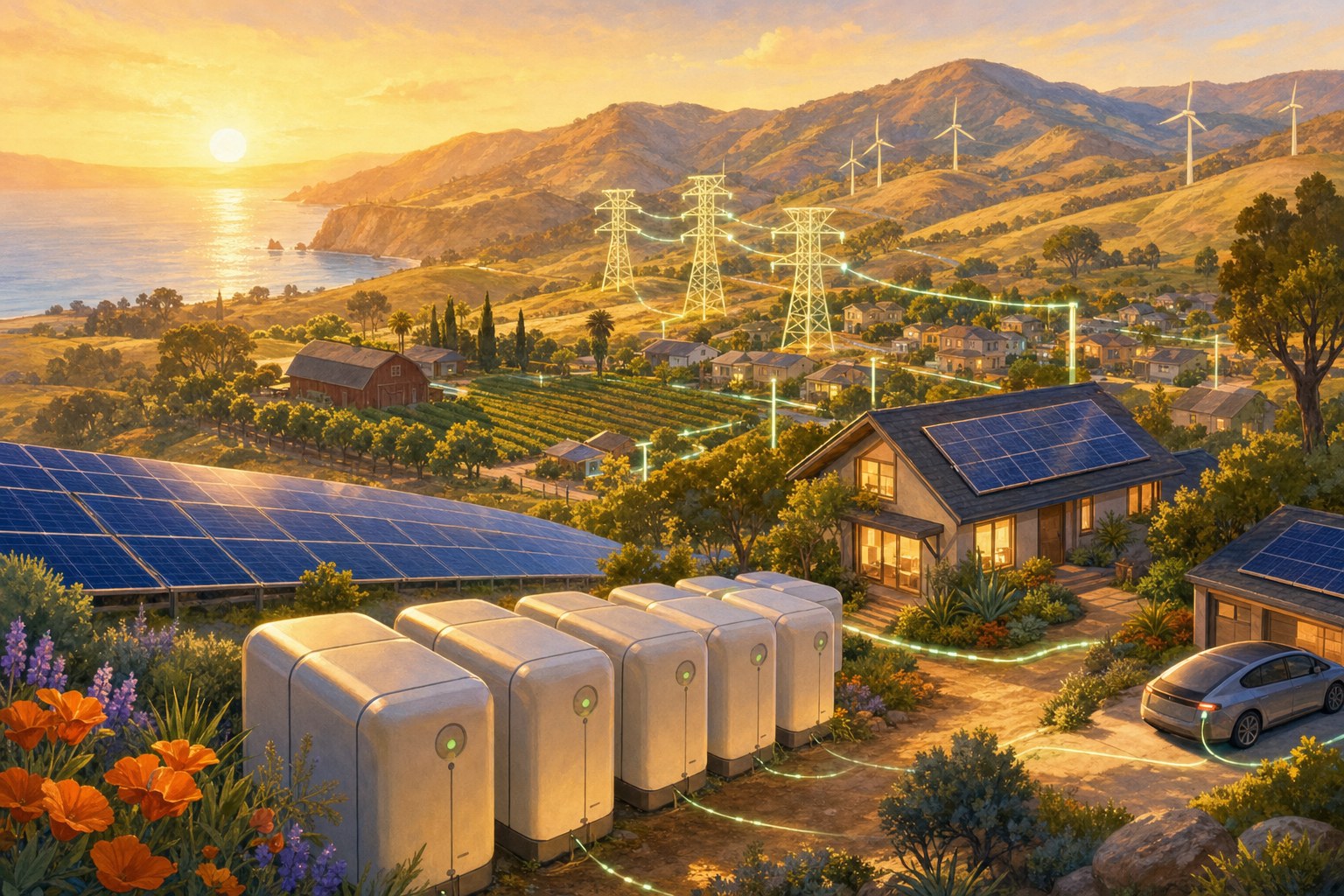 Solar panels and battery units supplying clean electricity to California homes and farms.