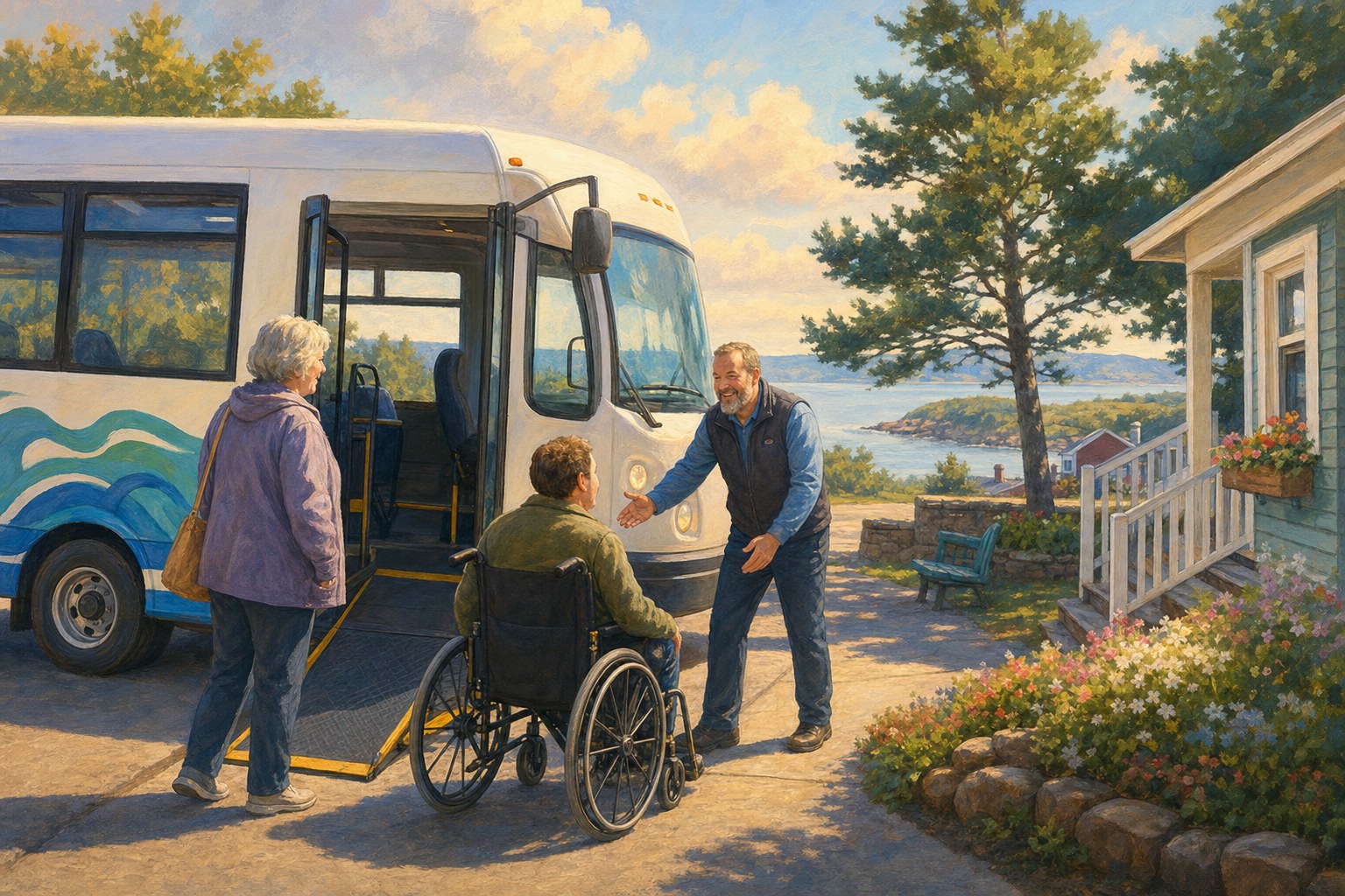An accessible mini-bus arrives at a community stop in Cape Breton