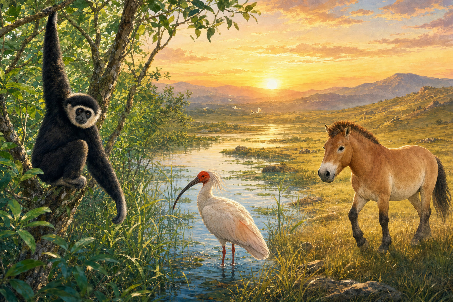 A gibbon, ibis, and wild horse in a hopeful restored landscape.