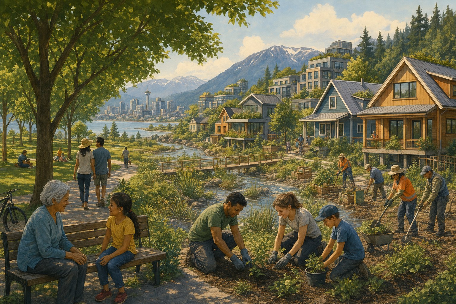 A shaded Canadian park and neighborhood designed to stay safer during heat and flooding.