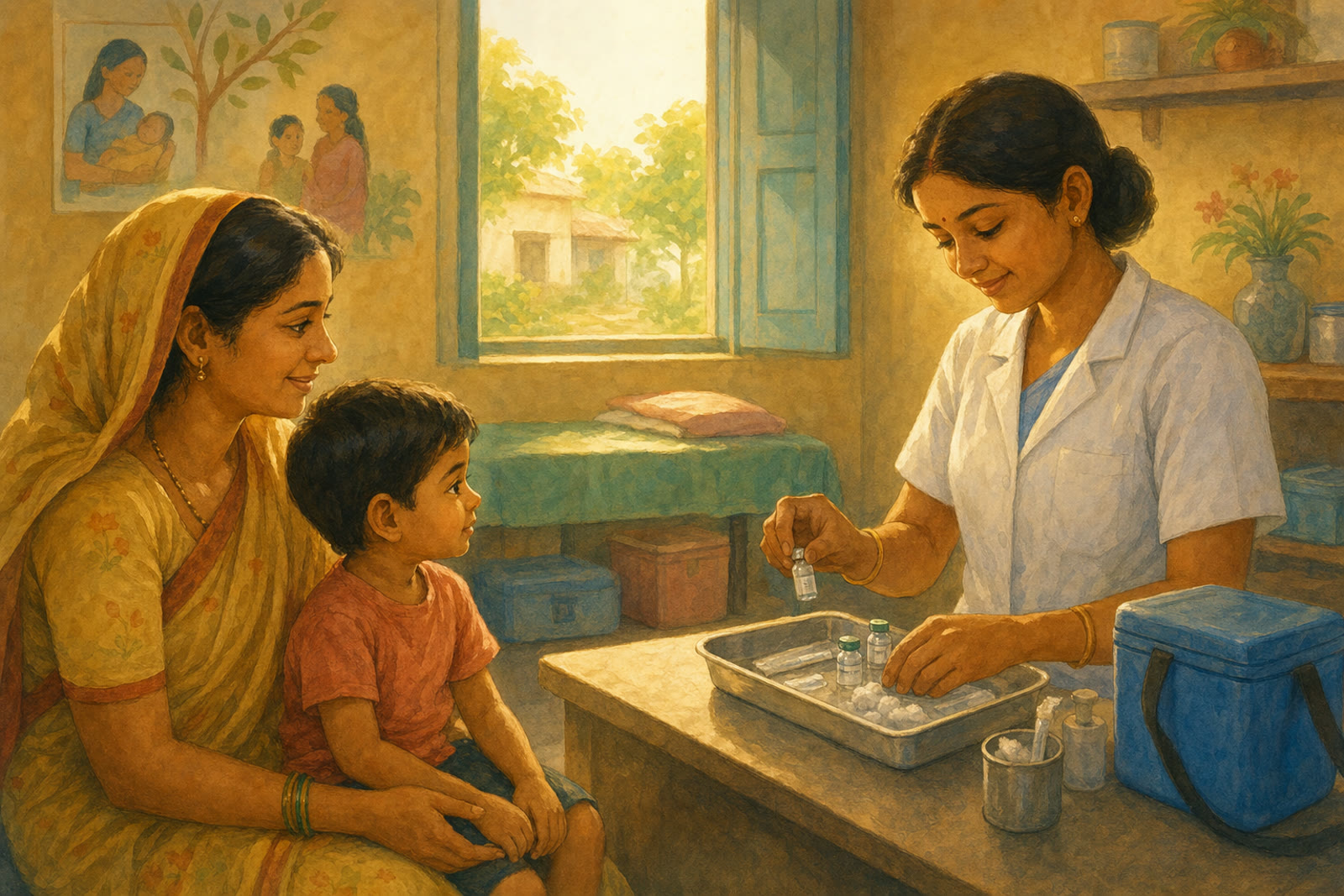 A warm illustrated clinic scene with a nurse preparing a vaccine while a parent and child wait calmly.