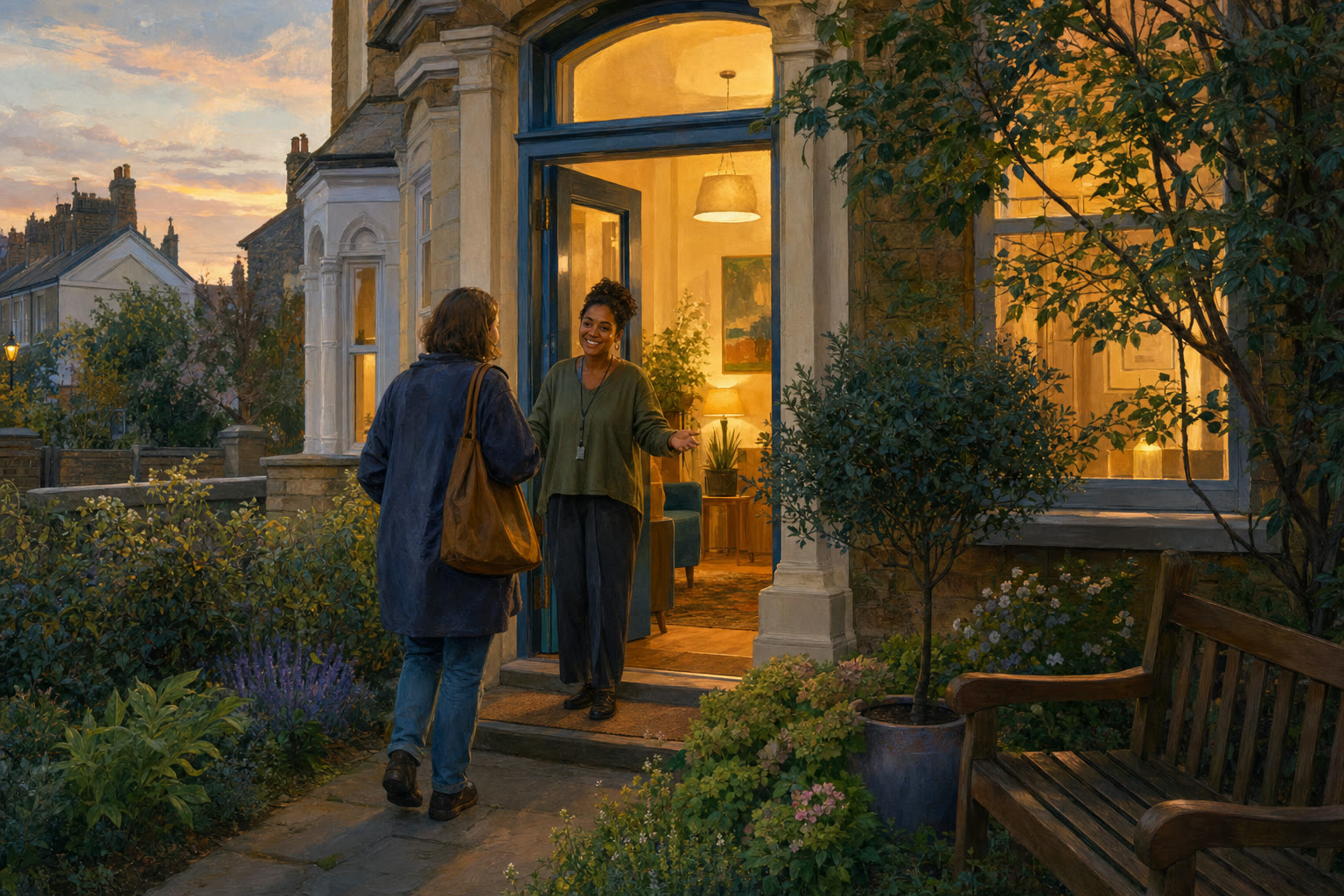 A welcoming neighborhood mental-health center with a garden and open door.