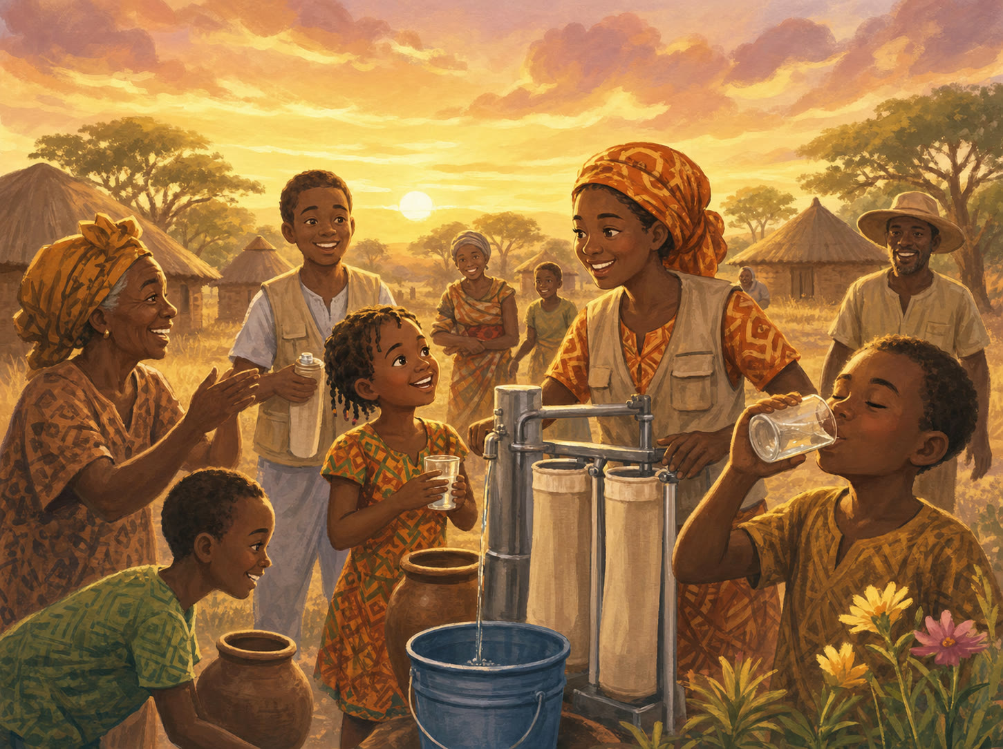 A joyful African village scene at golden hour with community health volunteers and villagers gathered around a clean water pump and cloth filters.