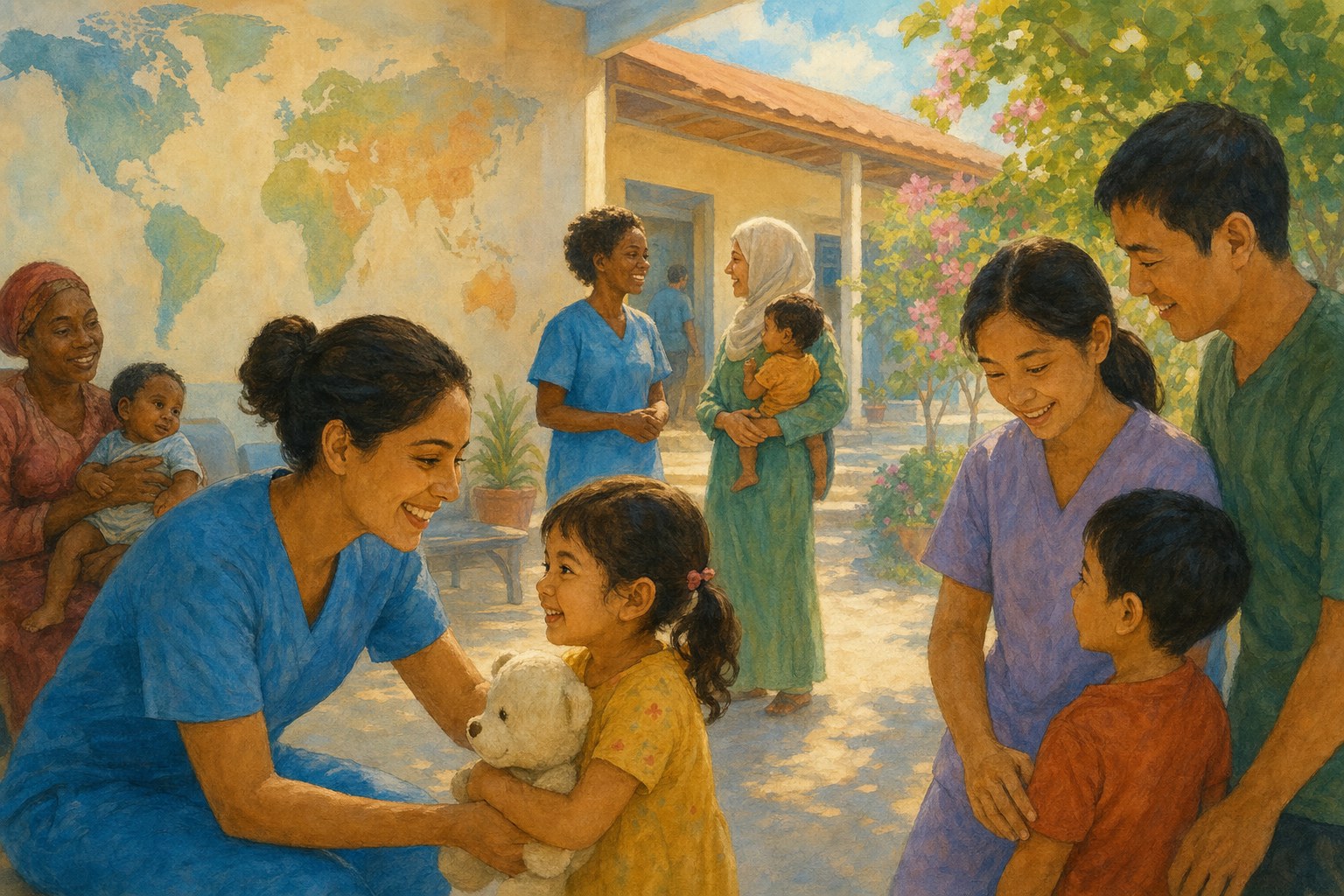 Health workers welcoming families at a bright community clinic.