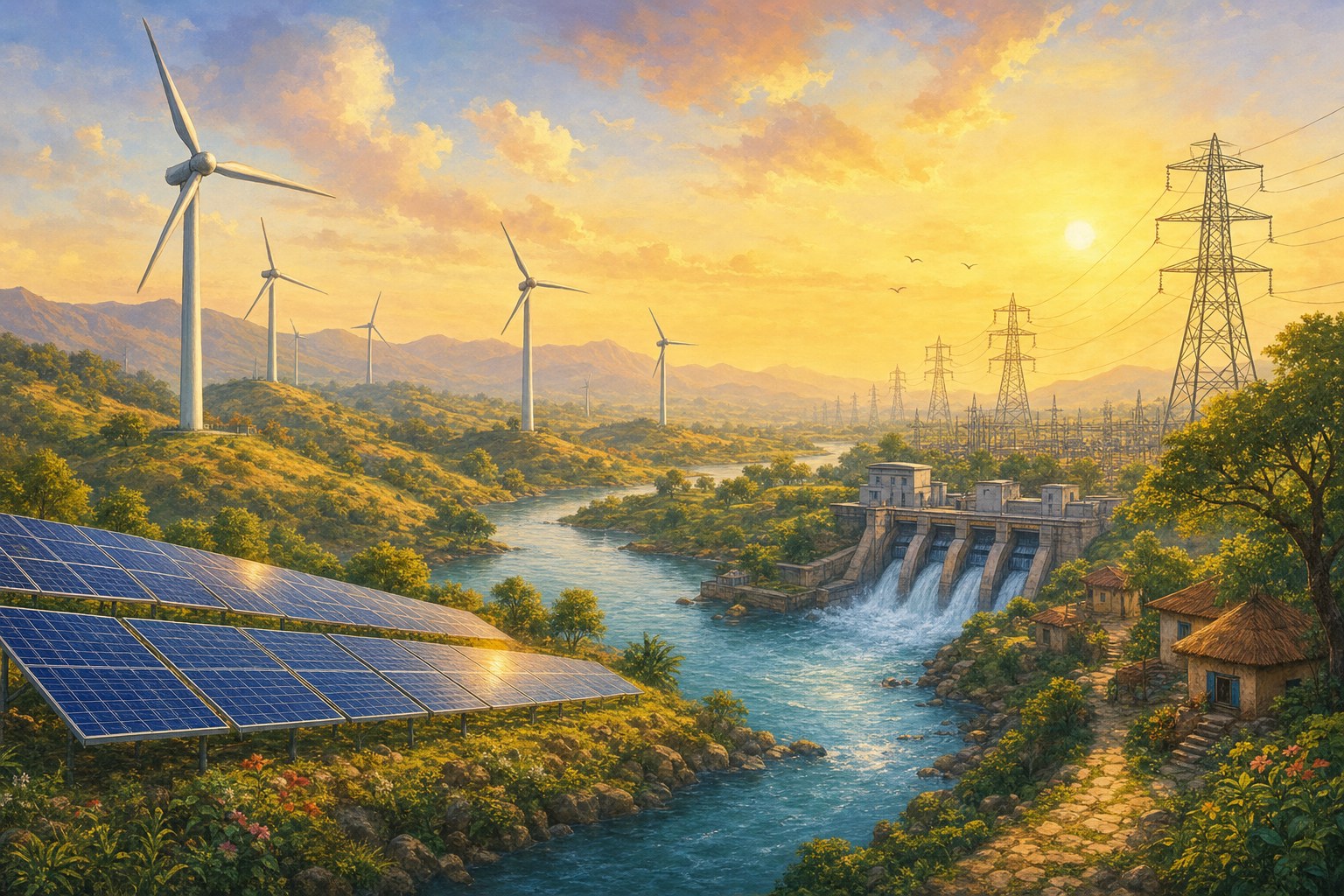 Solar panels and wind turbines in an Indian landscape at sunrise