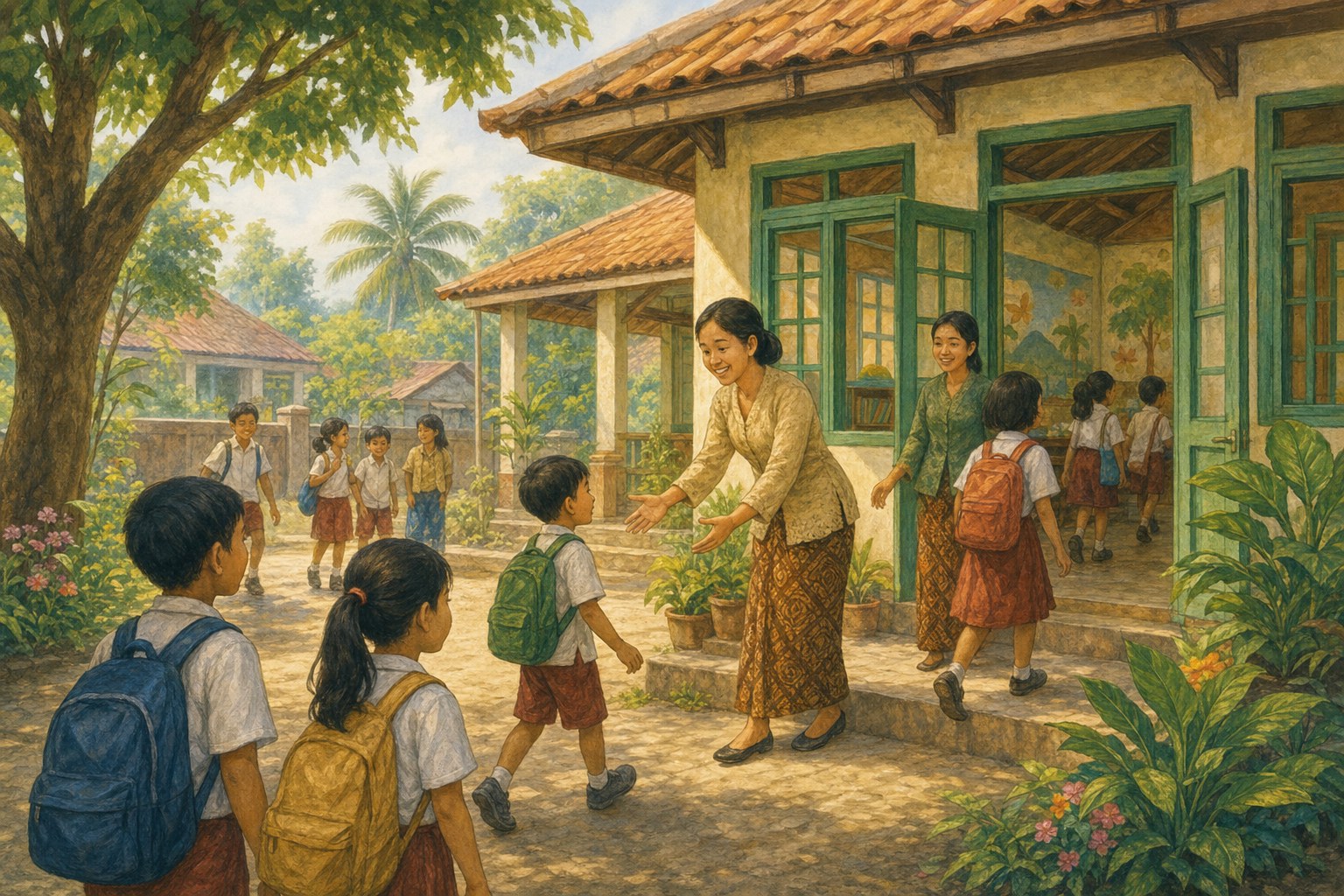 Children arrive at a welcoming school in a renovated community building