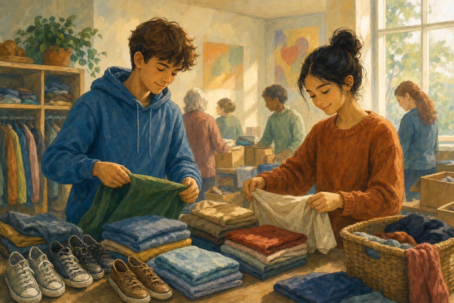 Two teenagers sort donated clothing at a community closet