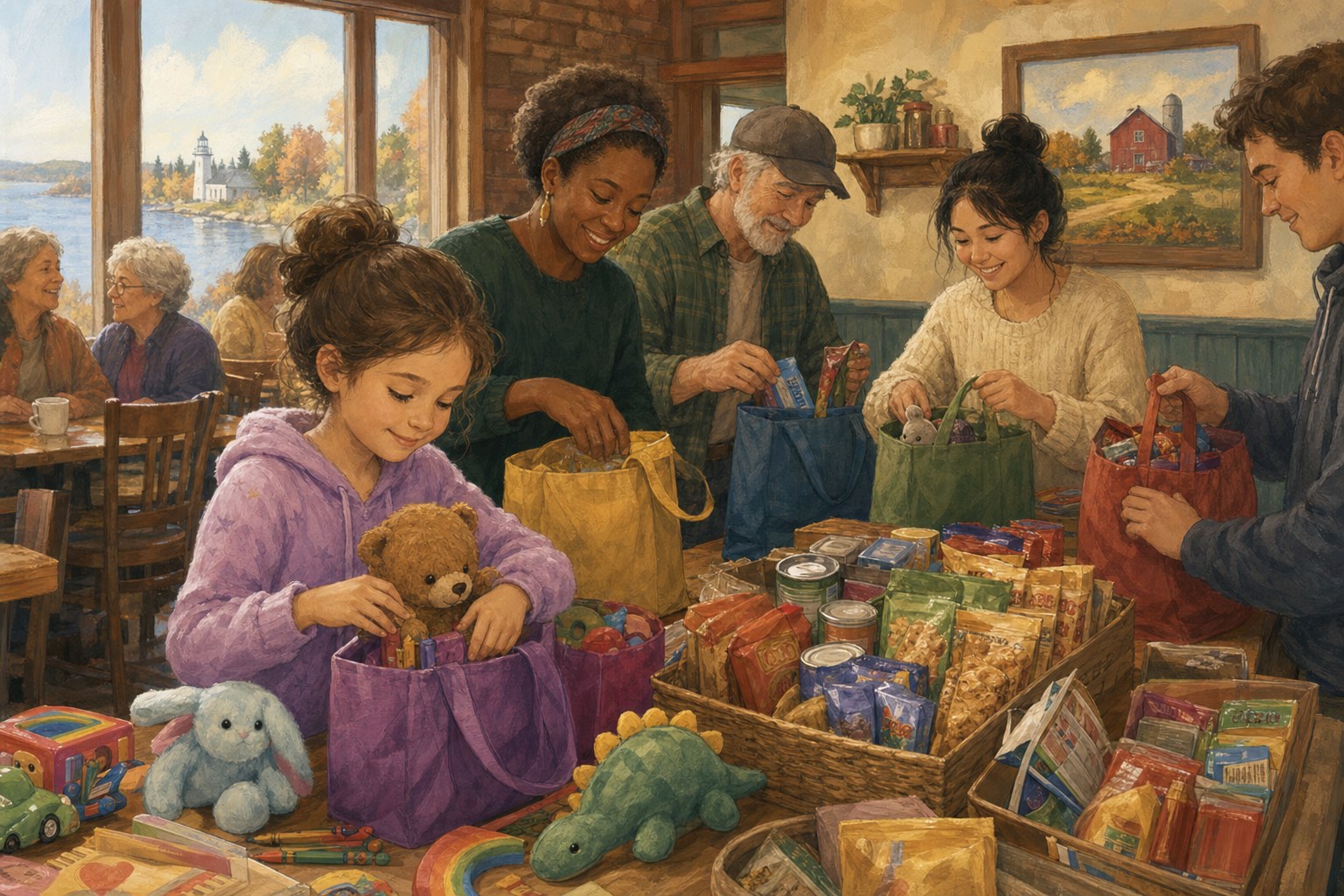 A child and volunteers assemble care bags for children after a tornado