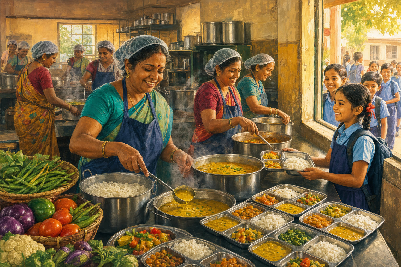 A bright community kitchen preparing school lunches for children.