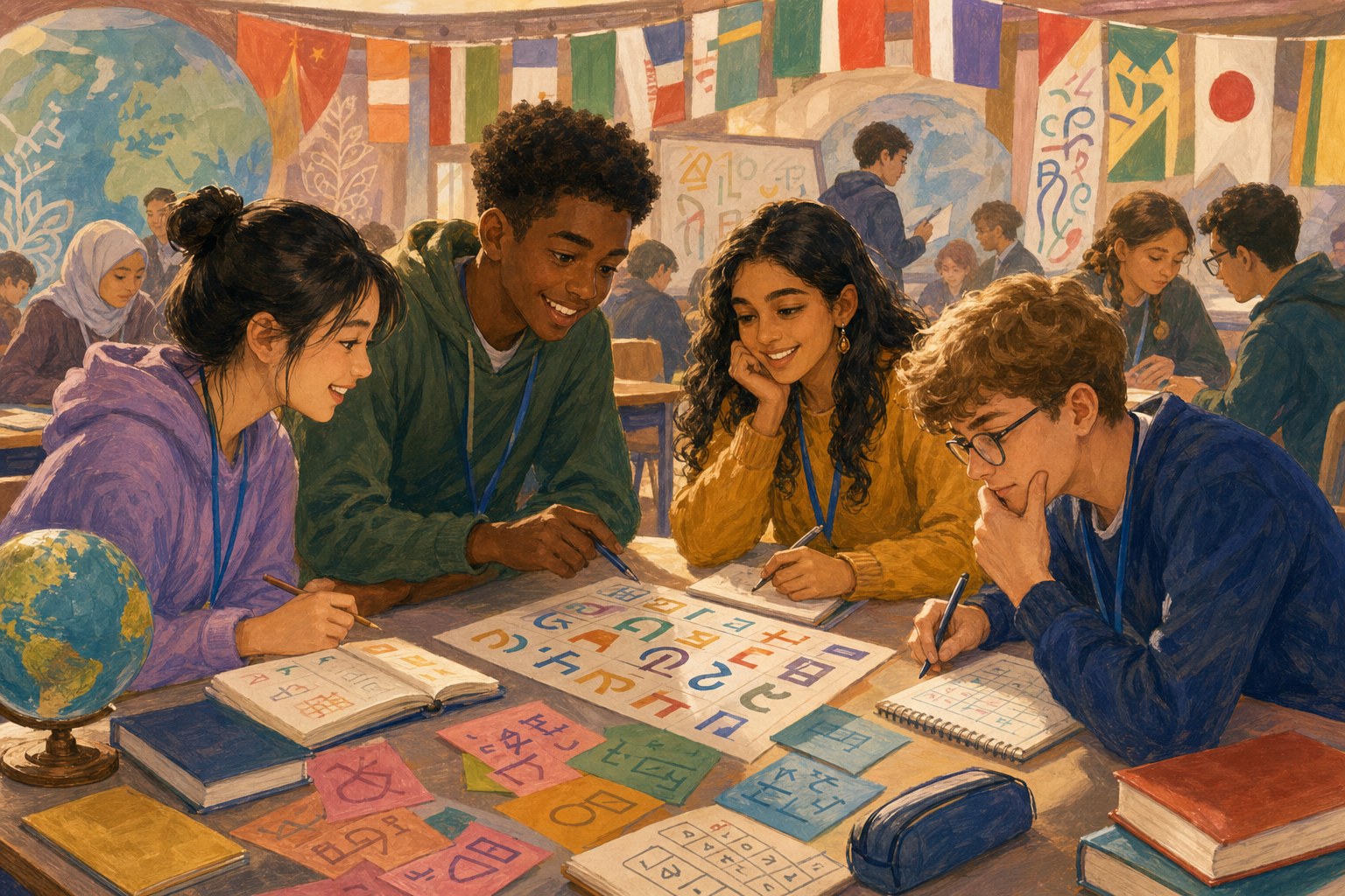 Students work together on language puzzles at an international competition