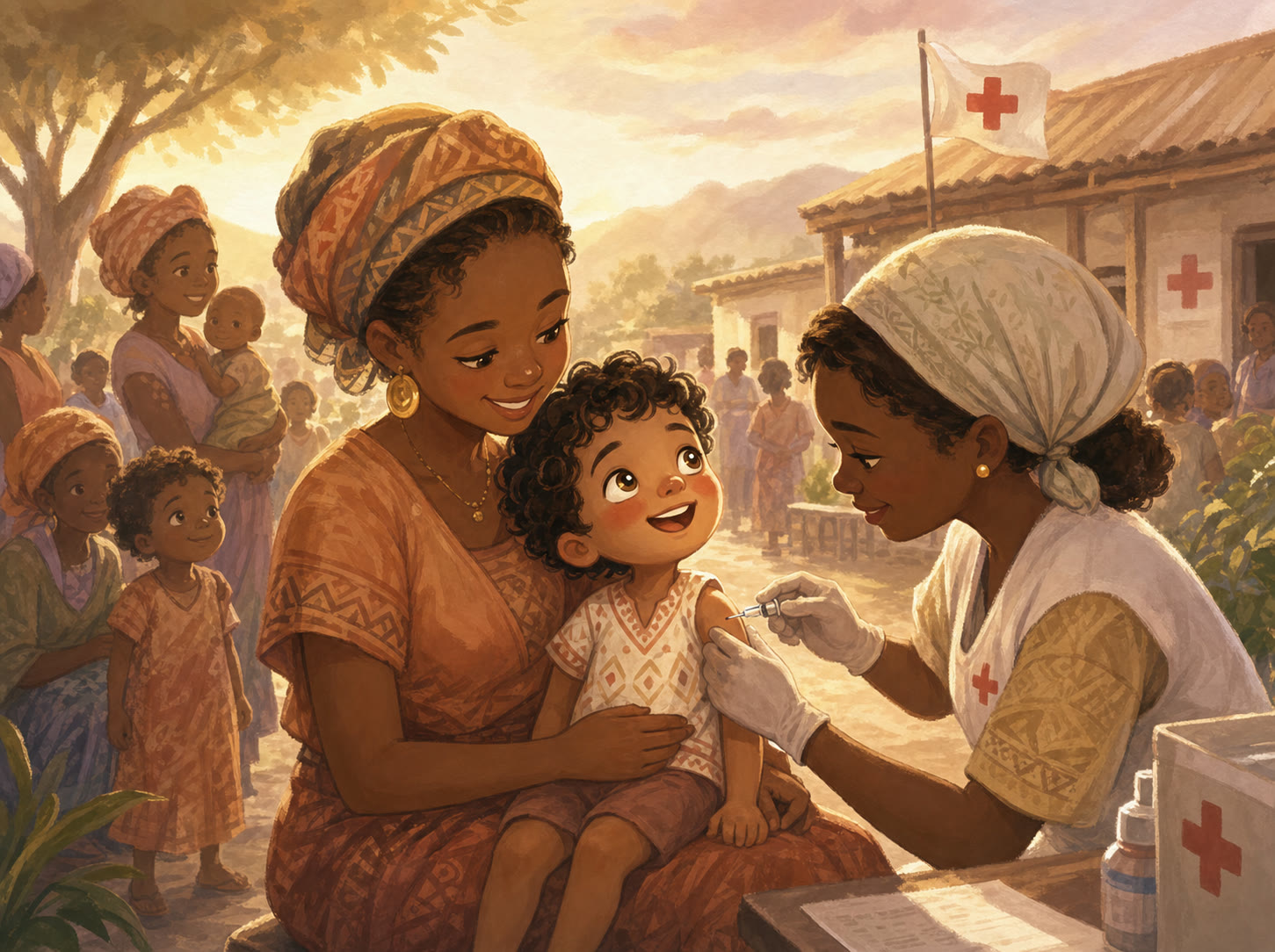 A health worker gently vaccinating a smiling toddler at an outdoor rural clinic while the child's mother looks on warmly.