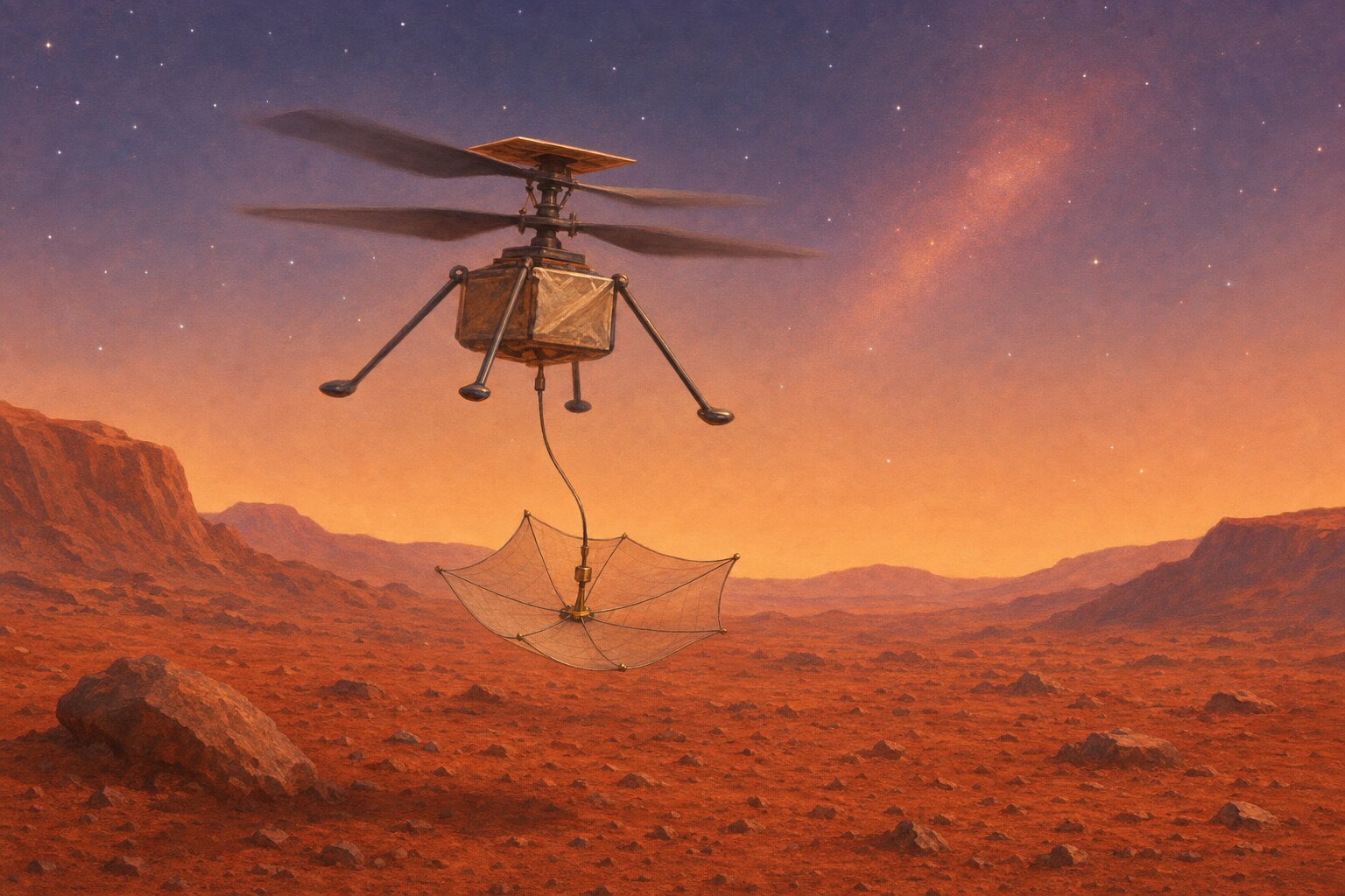 A small Mars helicopter carrying a lightweight radar antenna over the red Martian landscape.