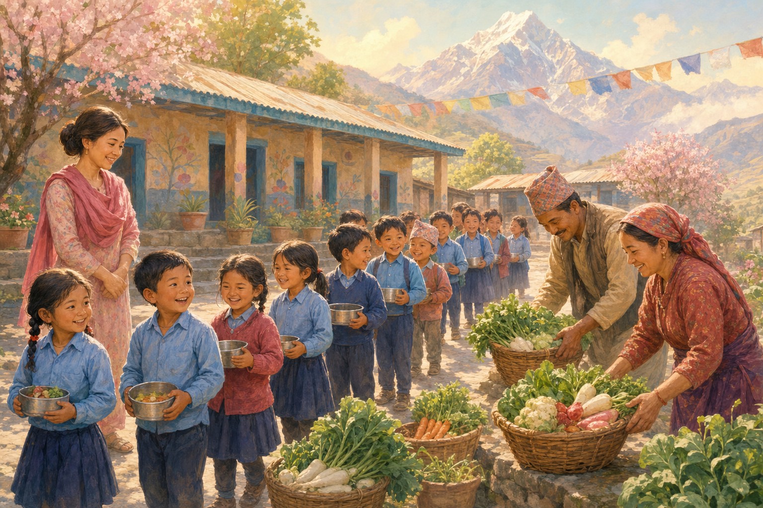 Children receiving school lunch while local food baskets arrive, showing a programme that supports both students and farmers.