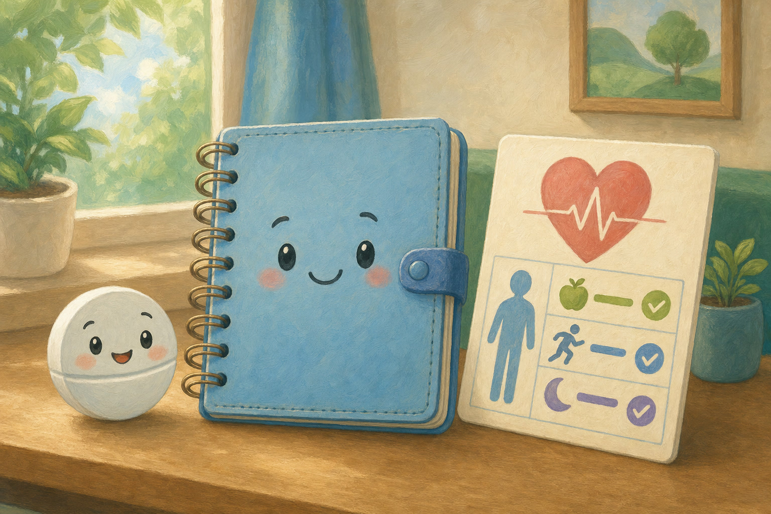 A new medicine tablet beside a notebook in a welcoming clinic setting.