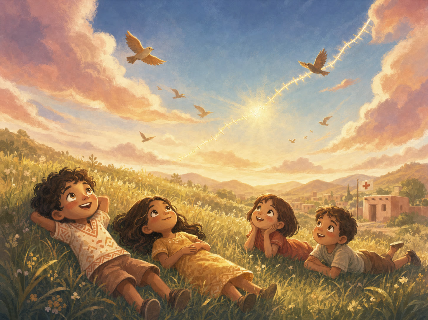 Children lying in a grassy field looking up in wonder at a clear blue sky mending like a golden stitched seam of light.