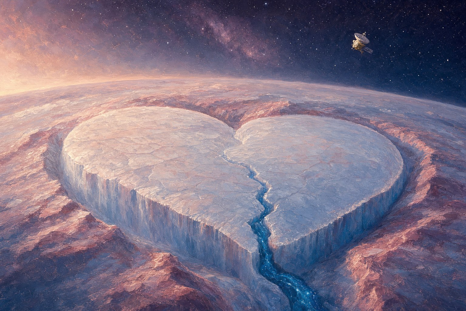 Pluto's heart-shaped glacier and the New Horizons spacecraft beneath a starry sky
