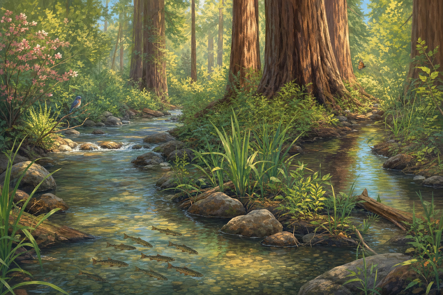 Young salmon swimming through restored side channels beneath California redwoods.
