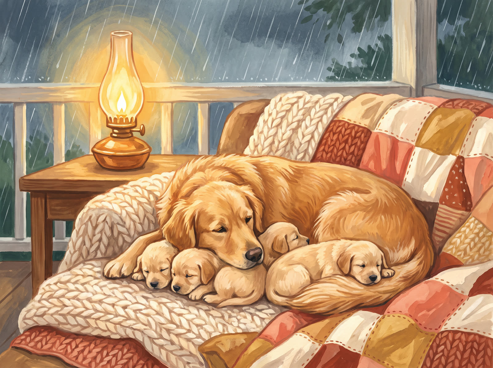 A mother dog and her four puppies sheltered warmly and safely on a covered porch during rain.