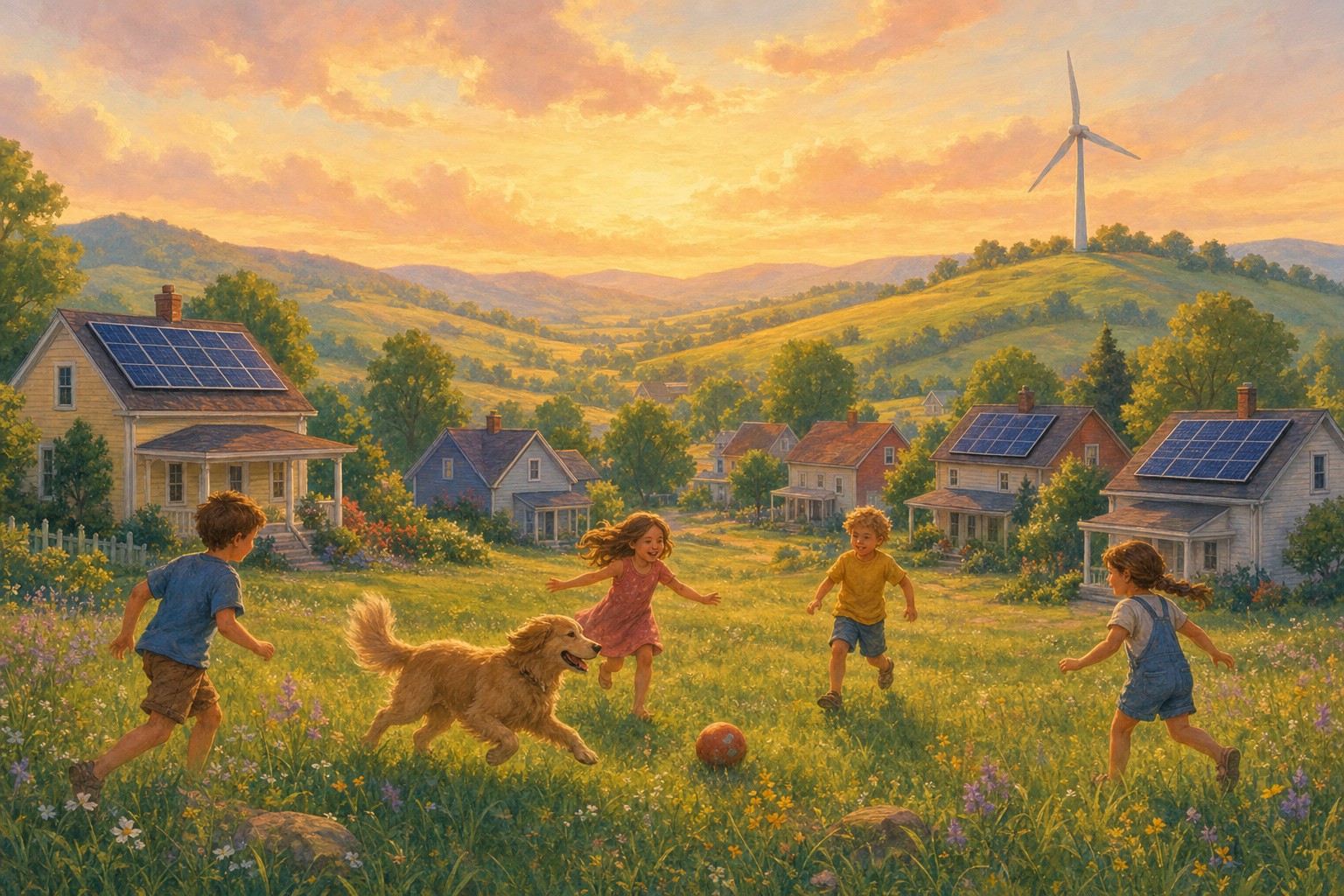 A rural community with local renewable energy and neighbors meeting together.