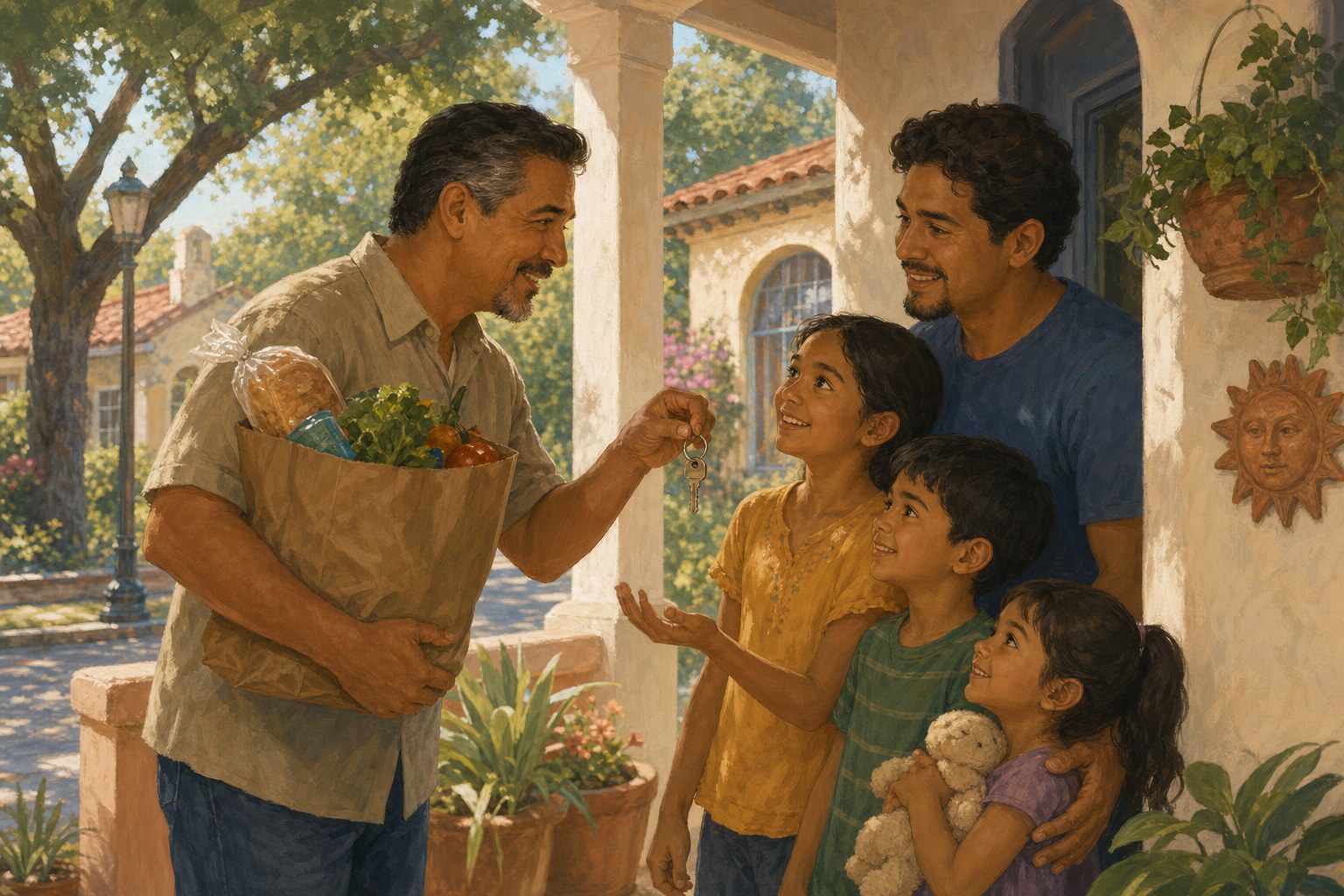 A neighbor offering practical help to a family gathered on a sunny front porch.