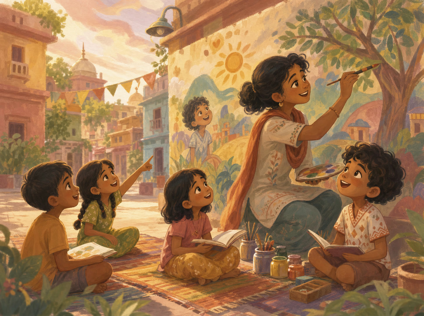 A woman artist painting a colorful educational mural on a neighborhood wall while children sit nearby on a rug, reading and pointing excitedly.