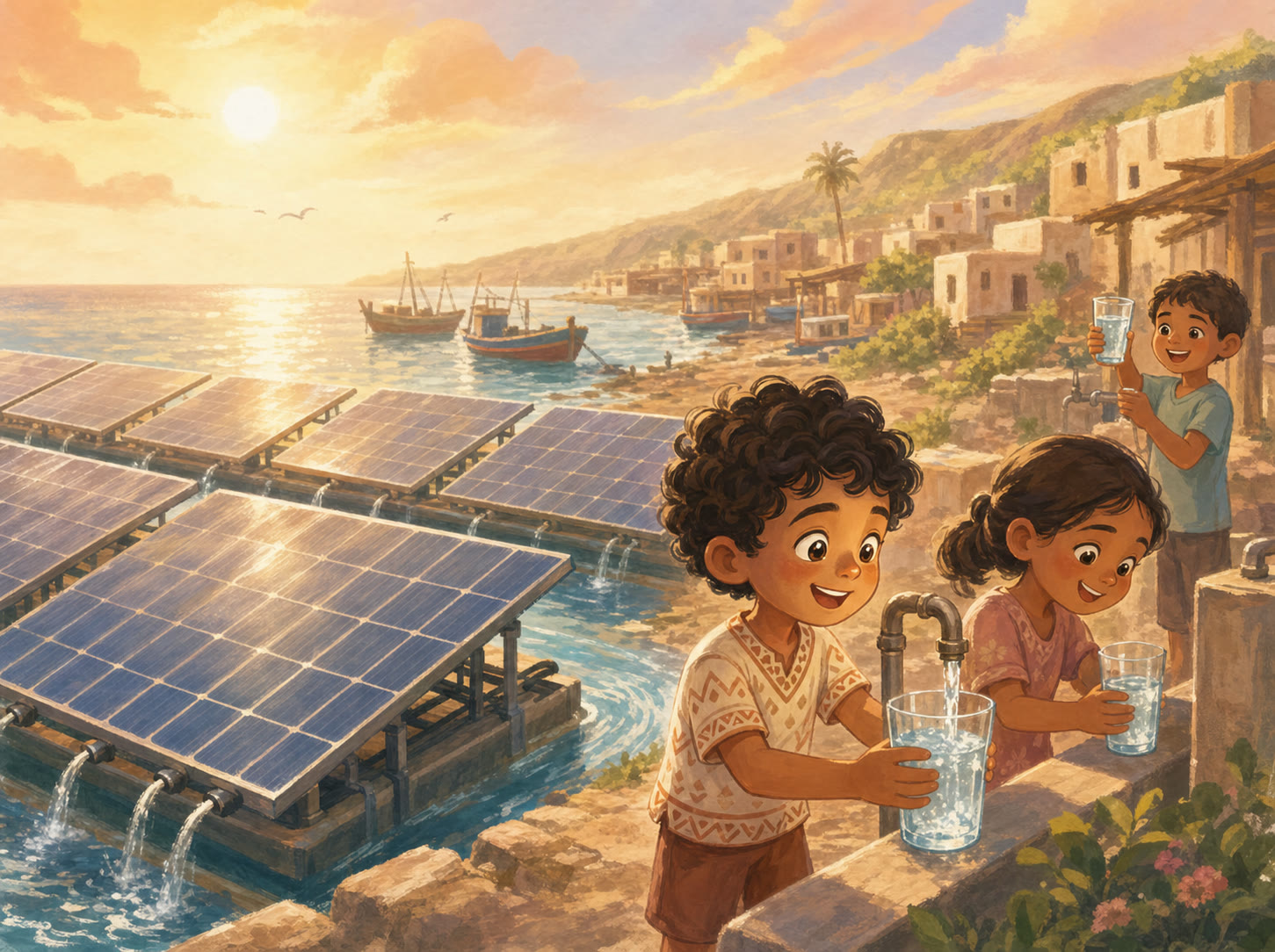 Solar panels along a sunny coastline with children filling glasses of fresh water at a village tap nearby.