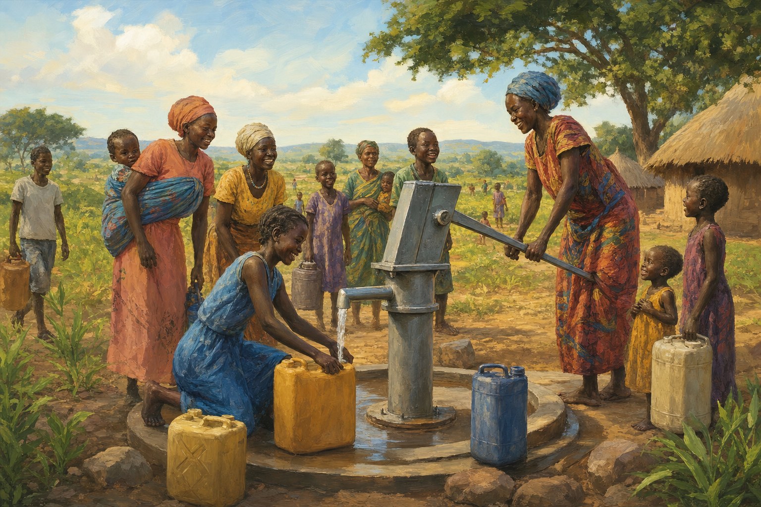 A community gathers around a newly installed clean-water point in South Sudan