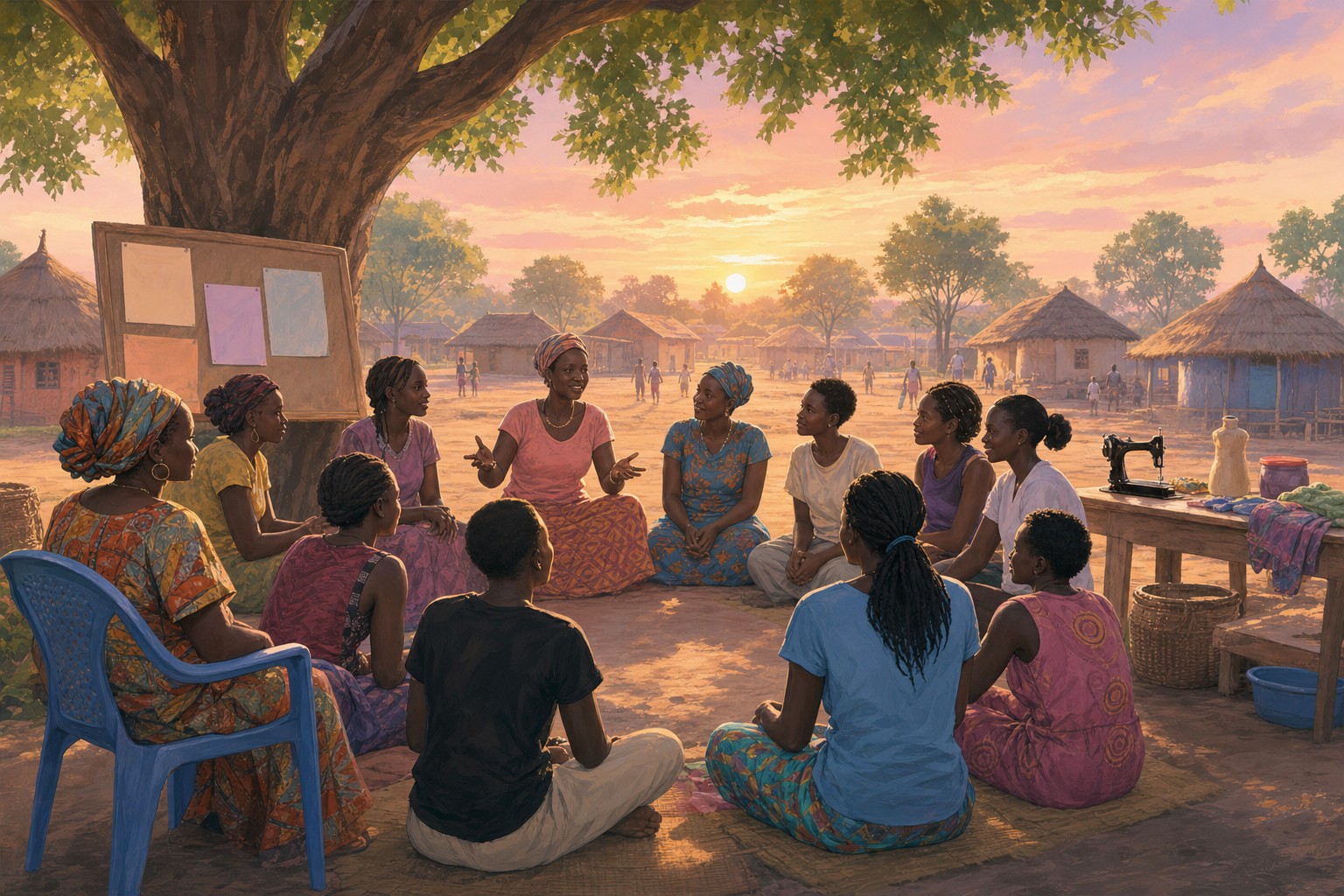 A community circle of women and youth meeting together, symbolizing local peacebuilding work.