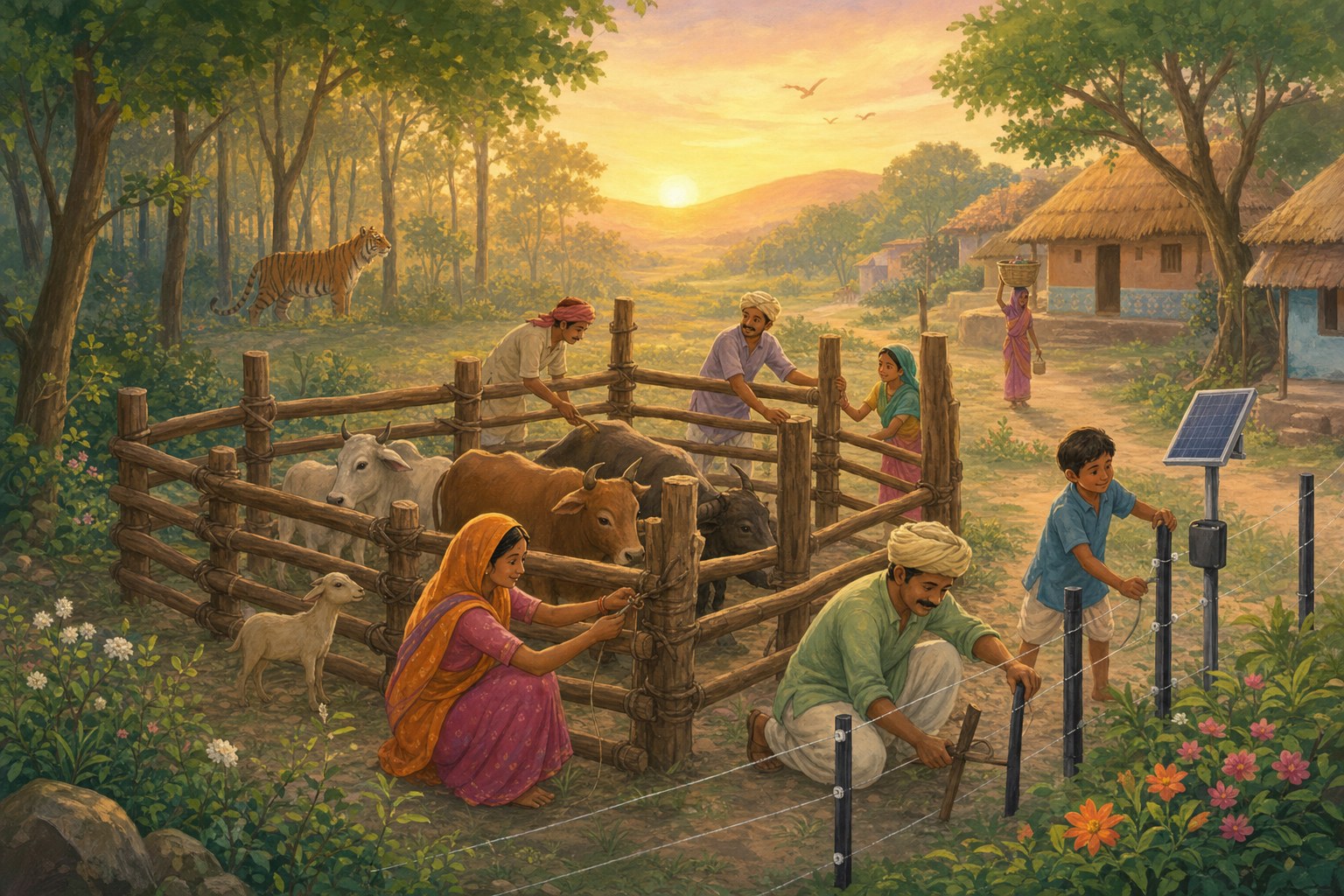 A village near a forest edge with people strengthening a livestock pen while a tiger remains far away near the trees.