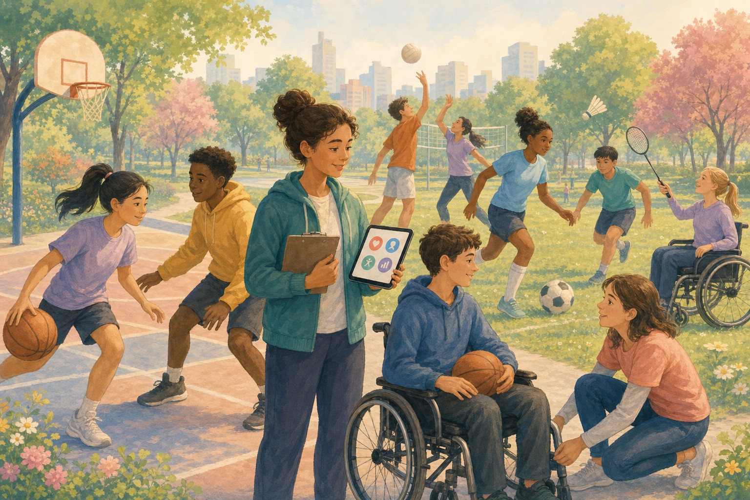 Young people with and without disabilities play inclusive sports together in a park.