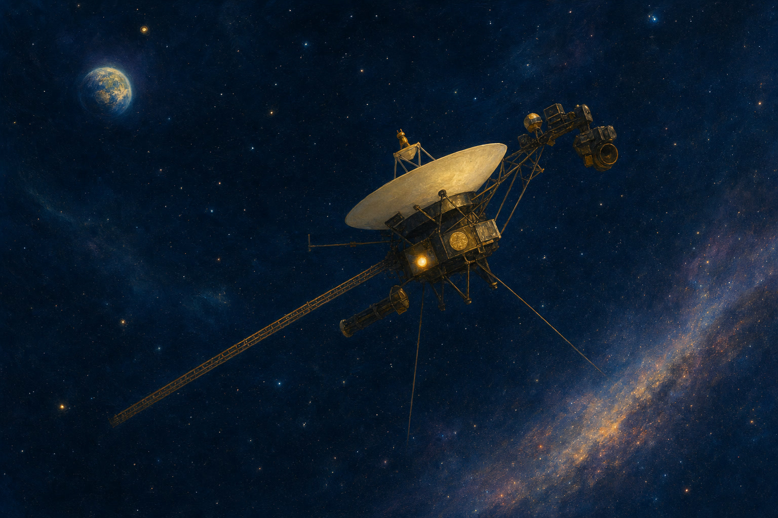 Voyager 2 traveling through the stars with a small Earth far behind it.