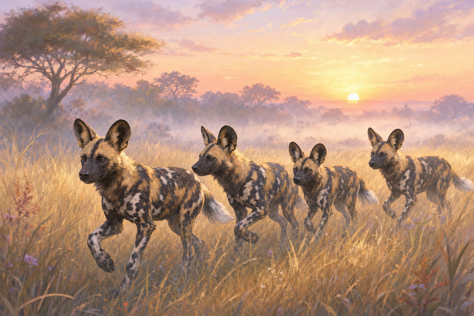 Four African wild dogs move through tall grass at sunrise.