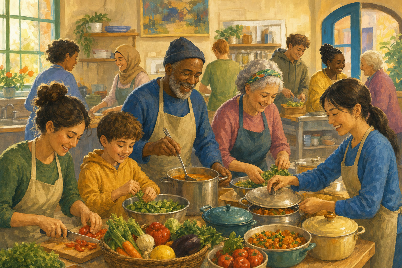 Volunteers preparing meals together in a bright community kitchen.