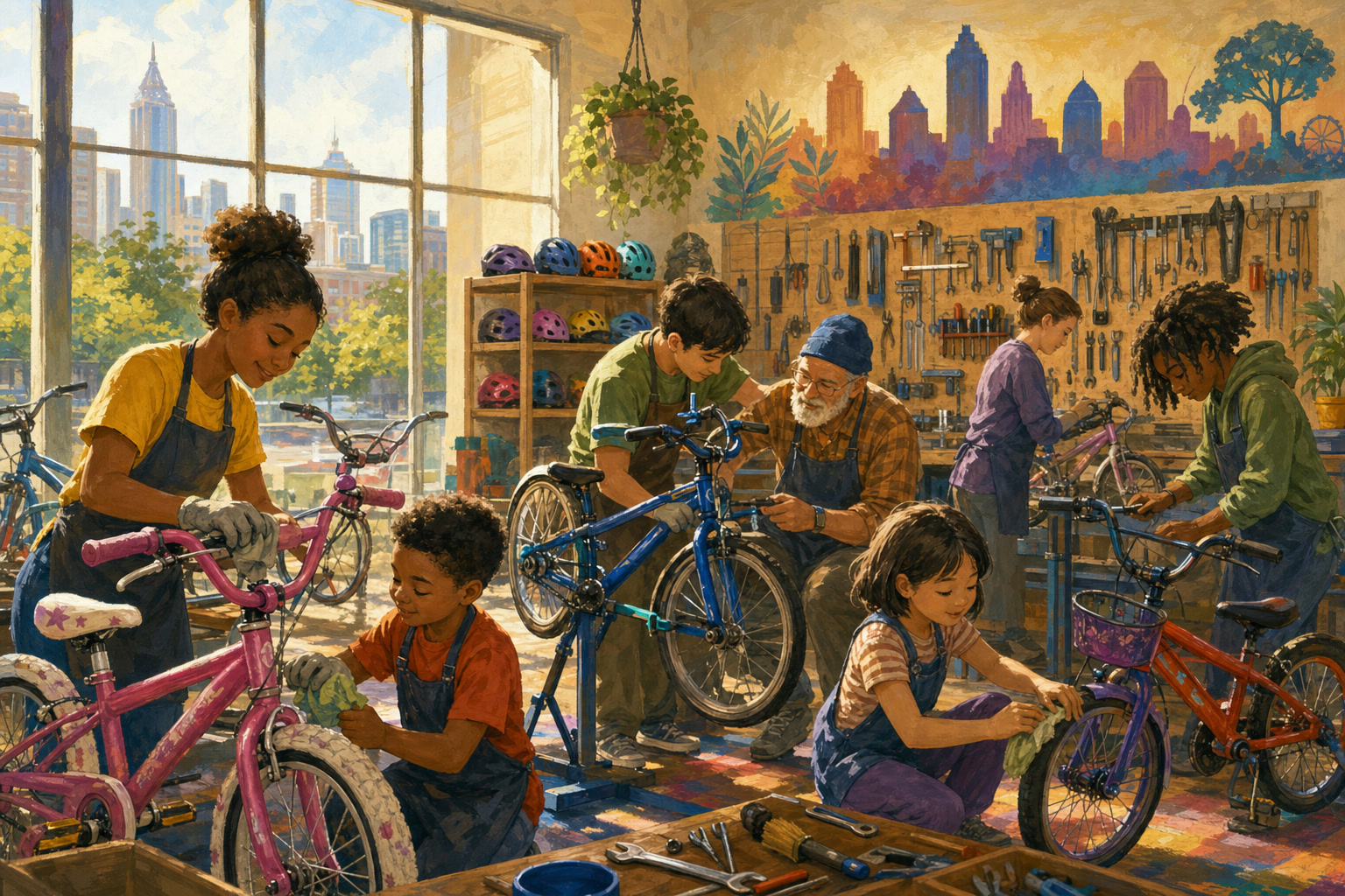 Volunteers repair donated bicycles in a bright Atlanta workshop before giving them to children.