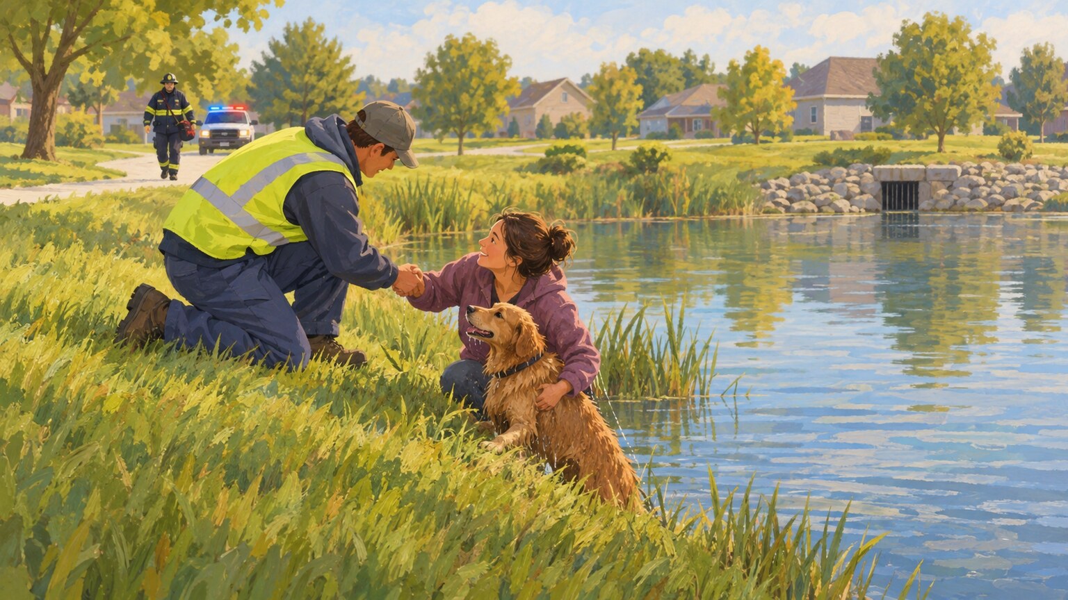 Ein st&auml;dtischer Mitarbeiter hilft einer Frau und ihrem Hund an einem Teich in der Nachbarschaft.