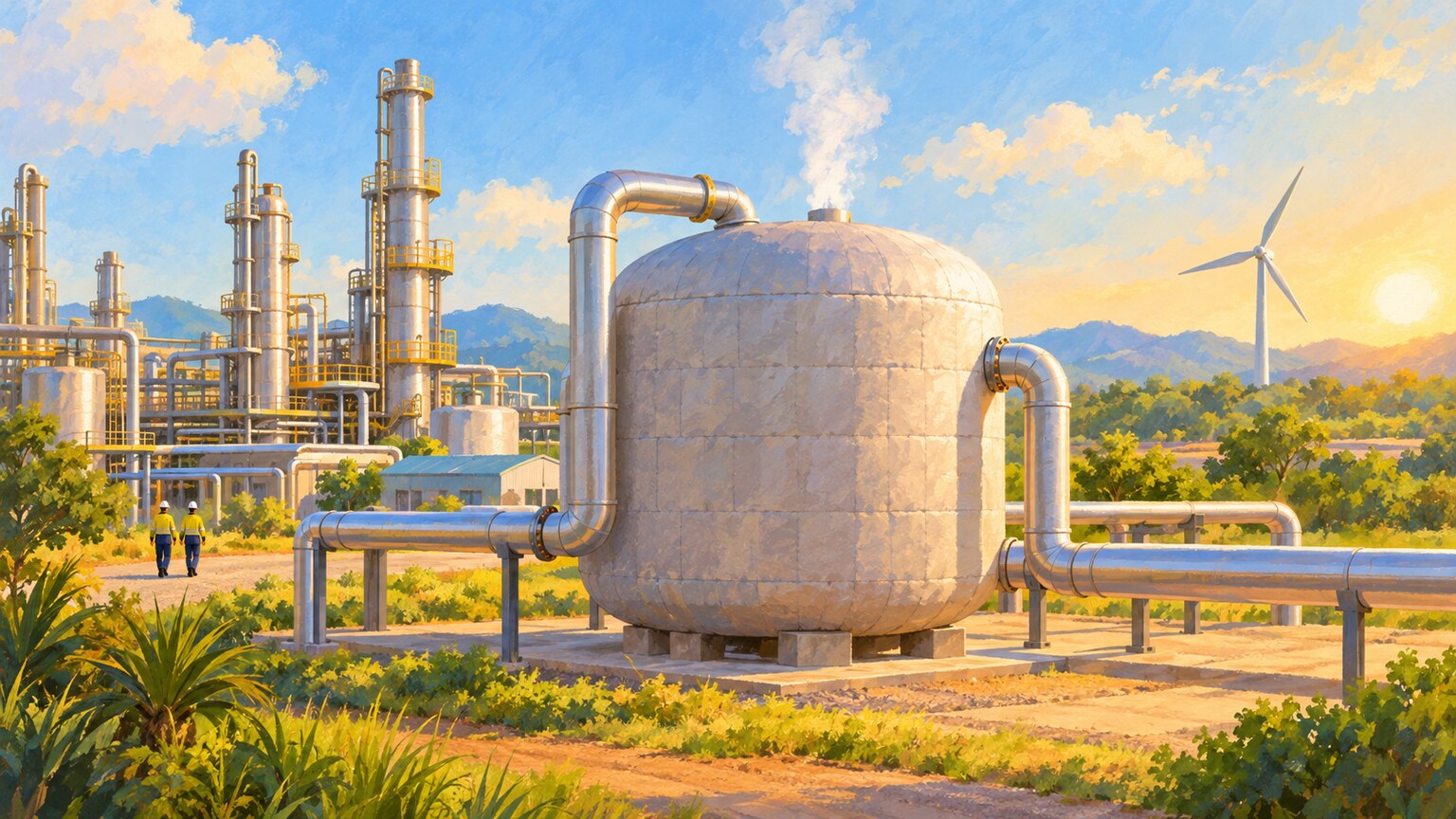 An illustrated refinery and insulated heat-storage vessel connected by pipes, with a wind turbine in the distance.