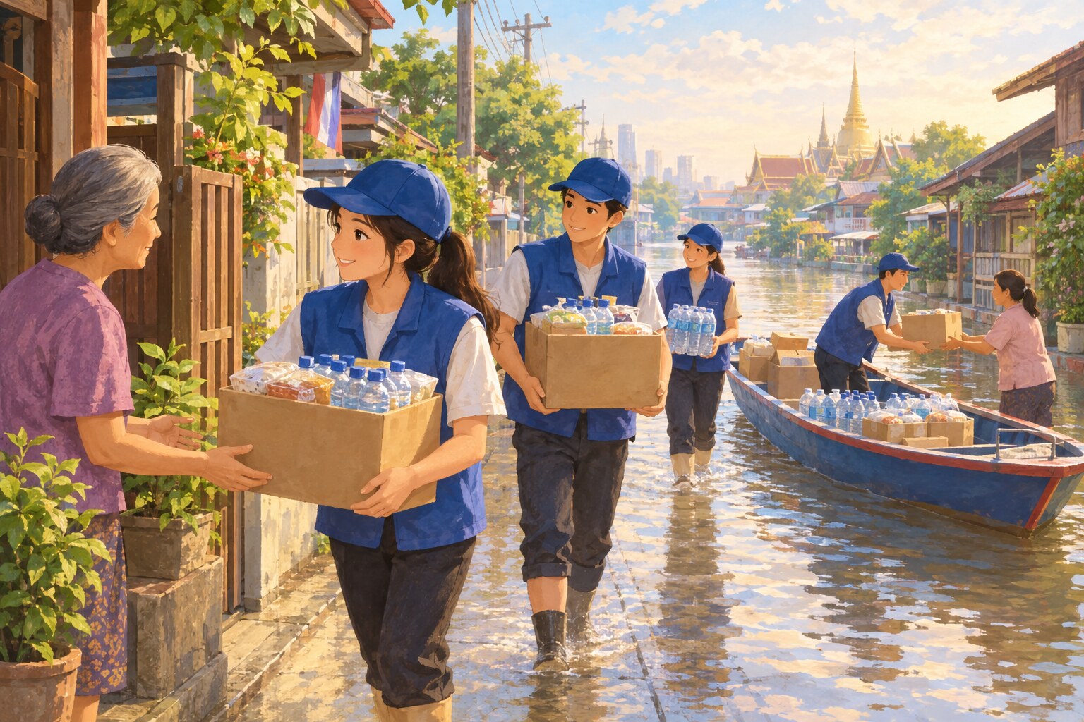 Volunteers carry food and drinking water to residents in a flood-affected Bangkok neighborhood.