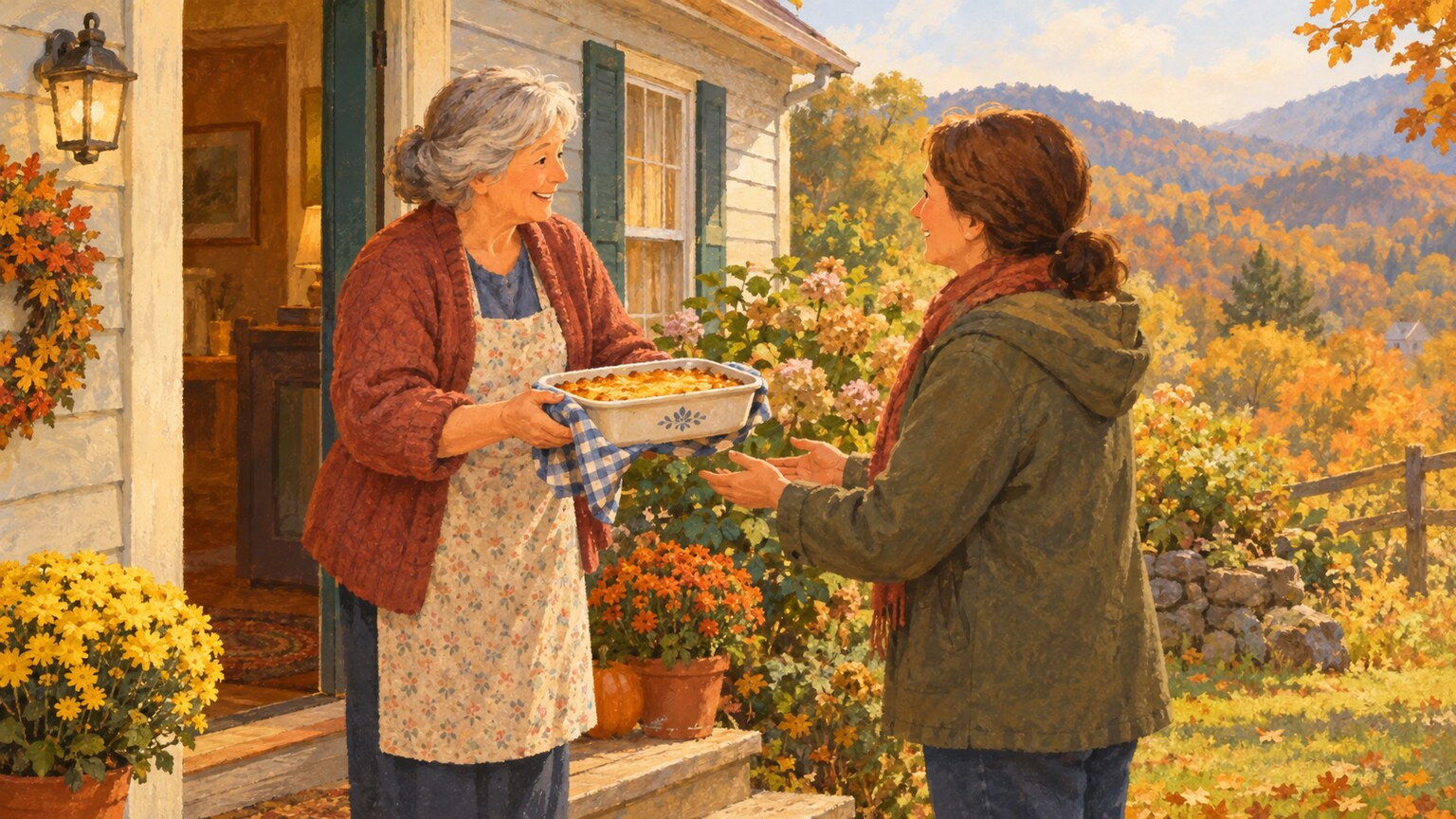 An older woman shares a homemade dish with a neighbor outside her home.