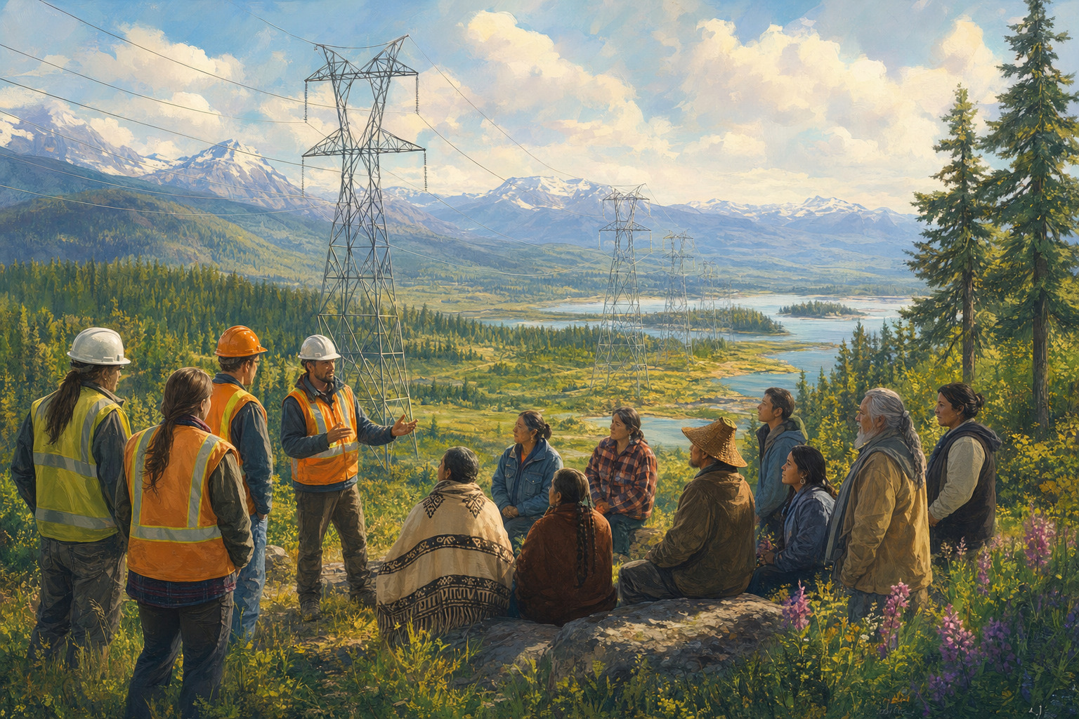 A new transmission line crossing a green British Columbia landscape beneath the mountains.